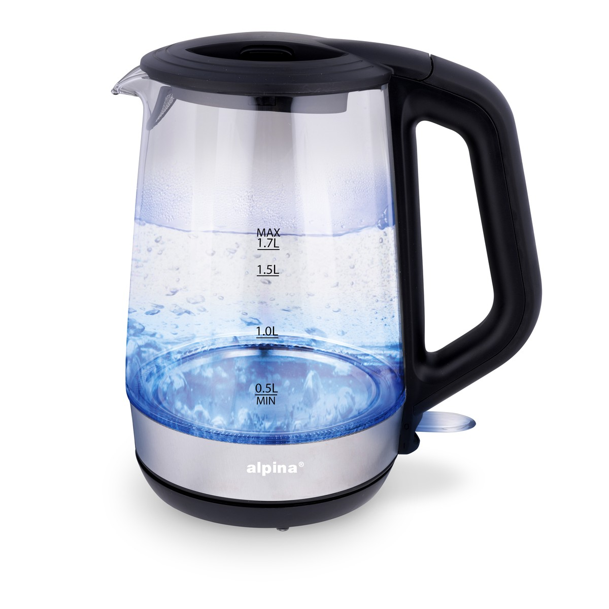 Bollitore in vetro Alpina con manico nero, illuminazione blu e indicatori del livello dell'acqua su sfondo bianco.