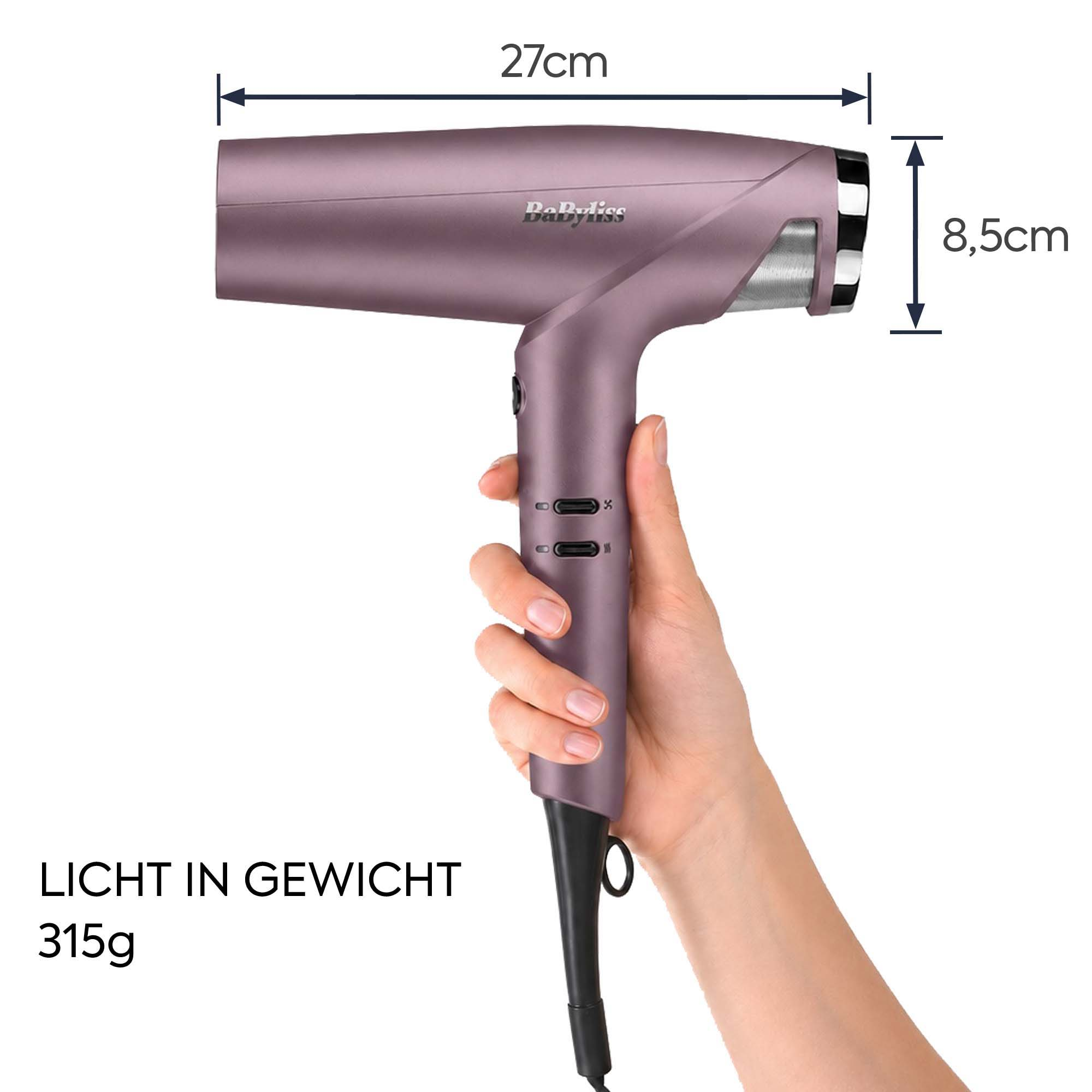 Mano che regge un asciugacapelli BaByliss viola, dimensioni 27 cm per 8,5 cm e peso 315 g.