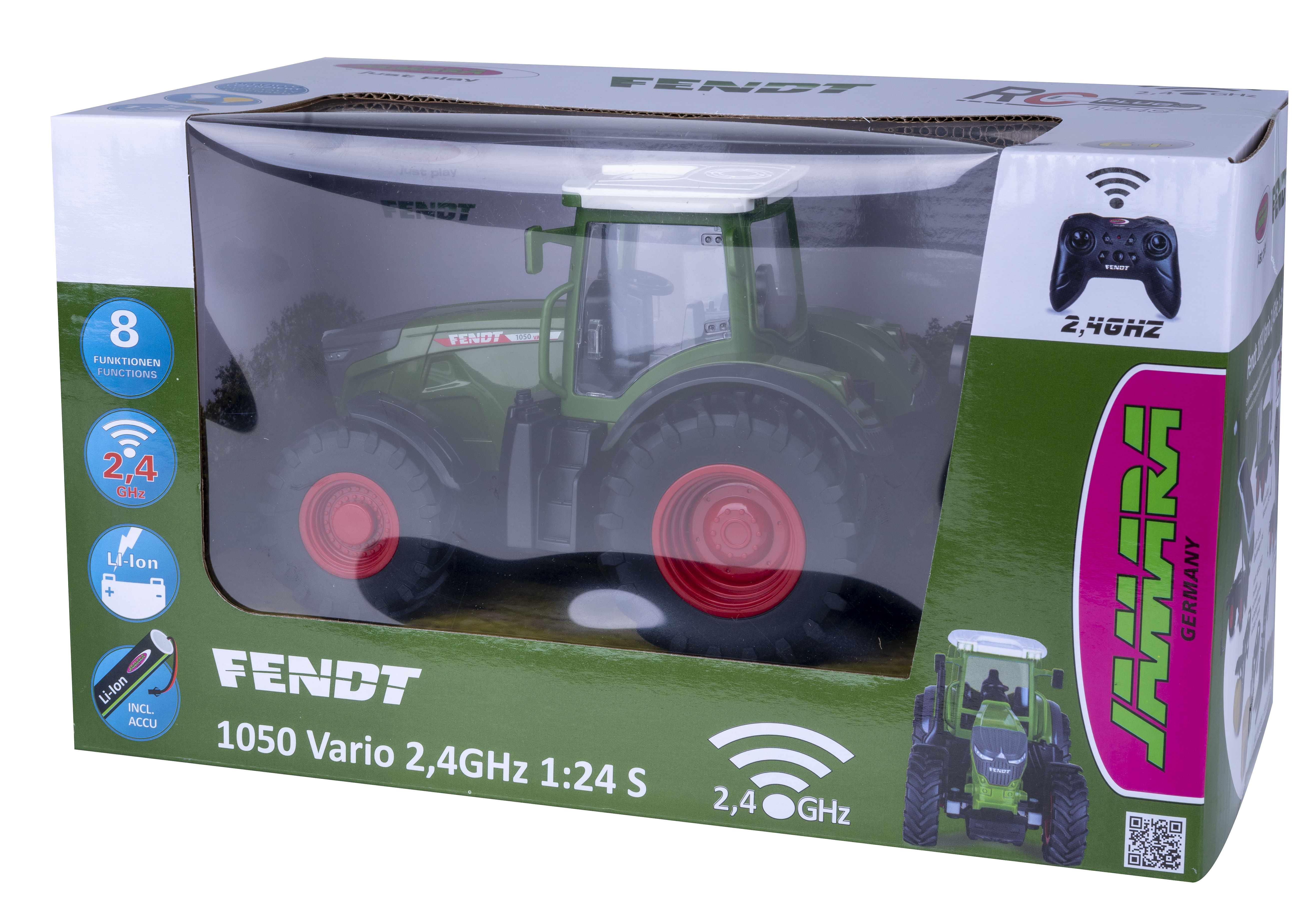 Grüner Fendt 1050 Vario RC-Traktor im Karton mit Fernbedienung.