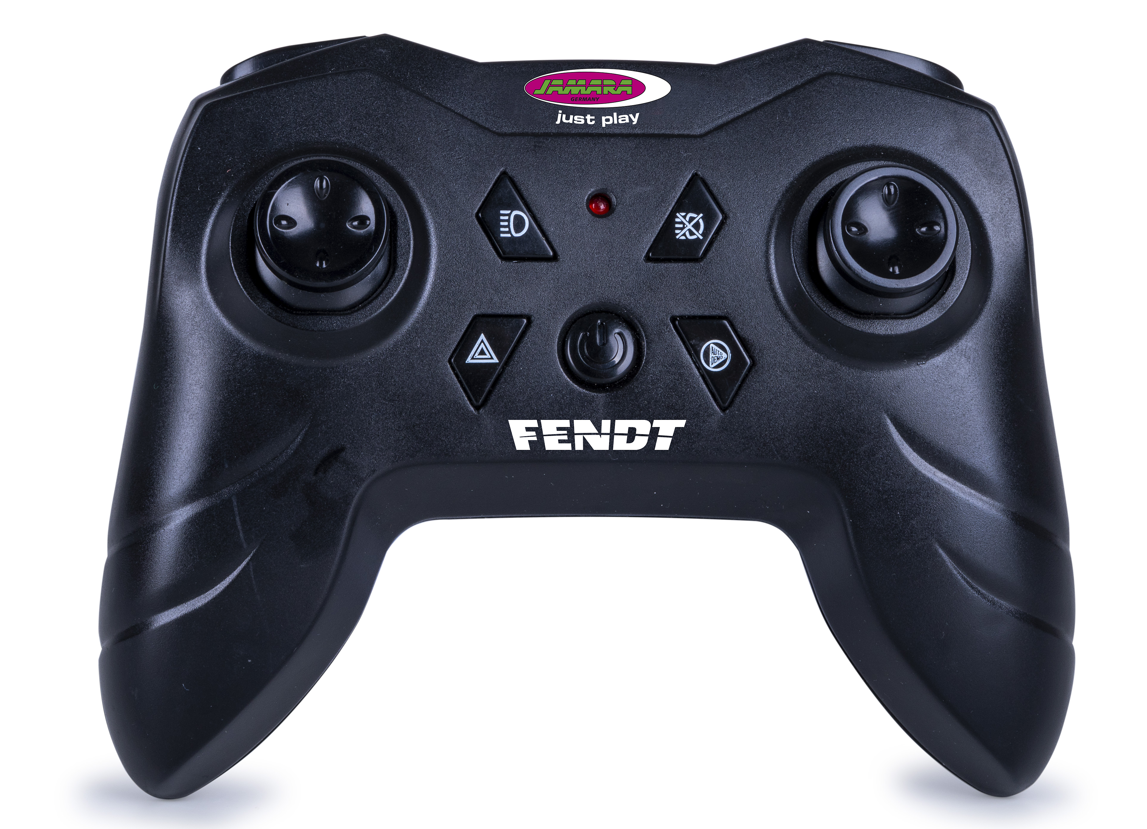 Eine schwarze Fendt-Spielzeugfernbedienung mit zwei Joysticks, zentralem Ein-Aus-Schalter und Funktionstasten auf weißem Grund.