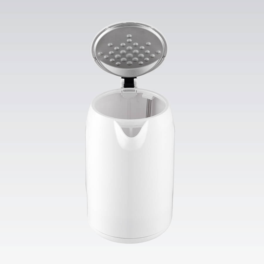 Un bollitore elettrico bianco con il coperchio aperto, che mostra il filtro metallico e l'interno su sfondo grigio.