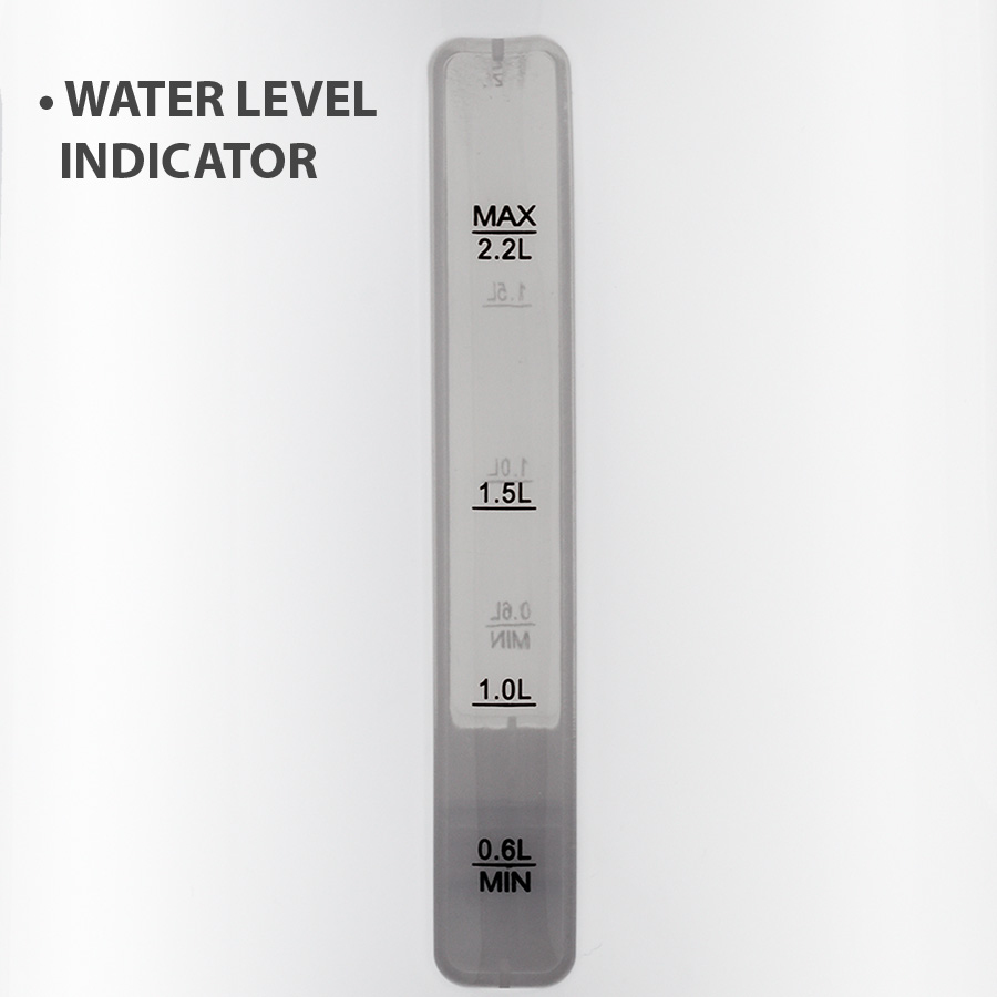 Un indicatore di livello dell'acqua con tacche da MAX 2,2L a MIN 0,6L.