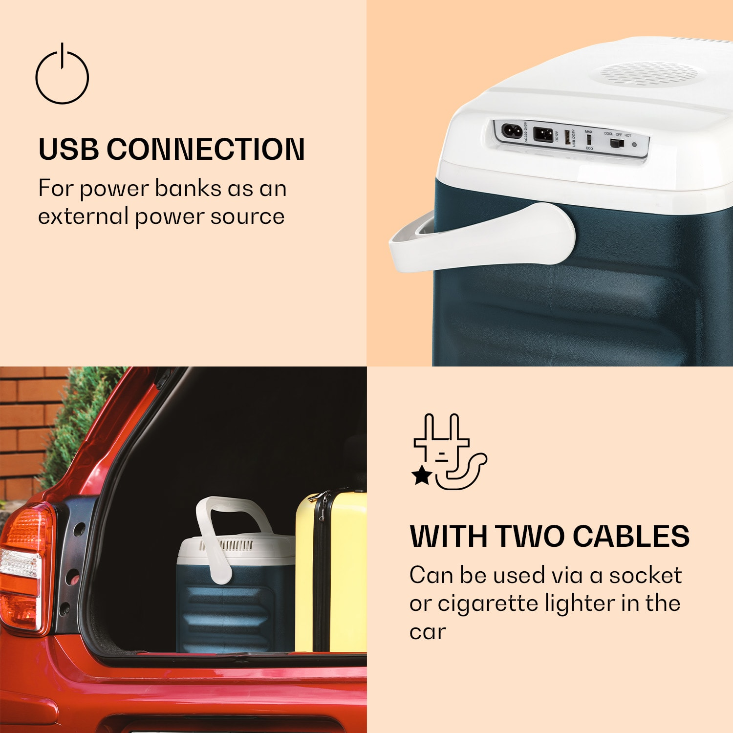 Un frigo portatile con connessione USB e due cavi per auto e presa, nel bagagliaio.