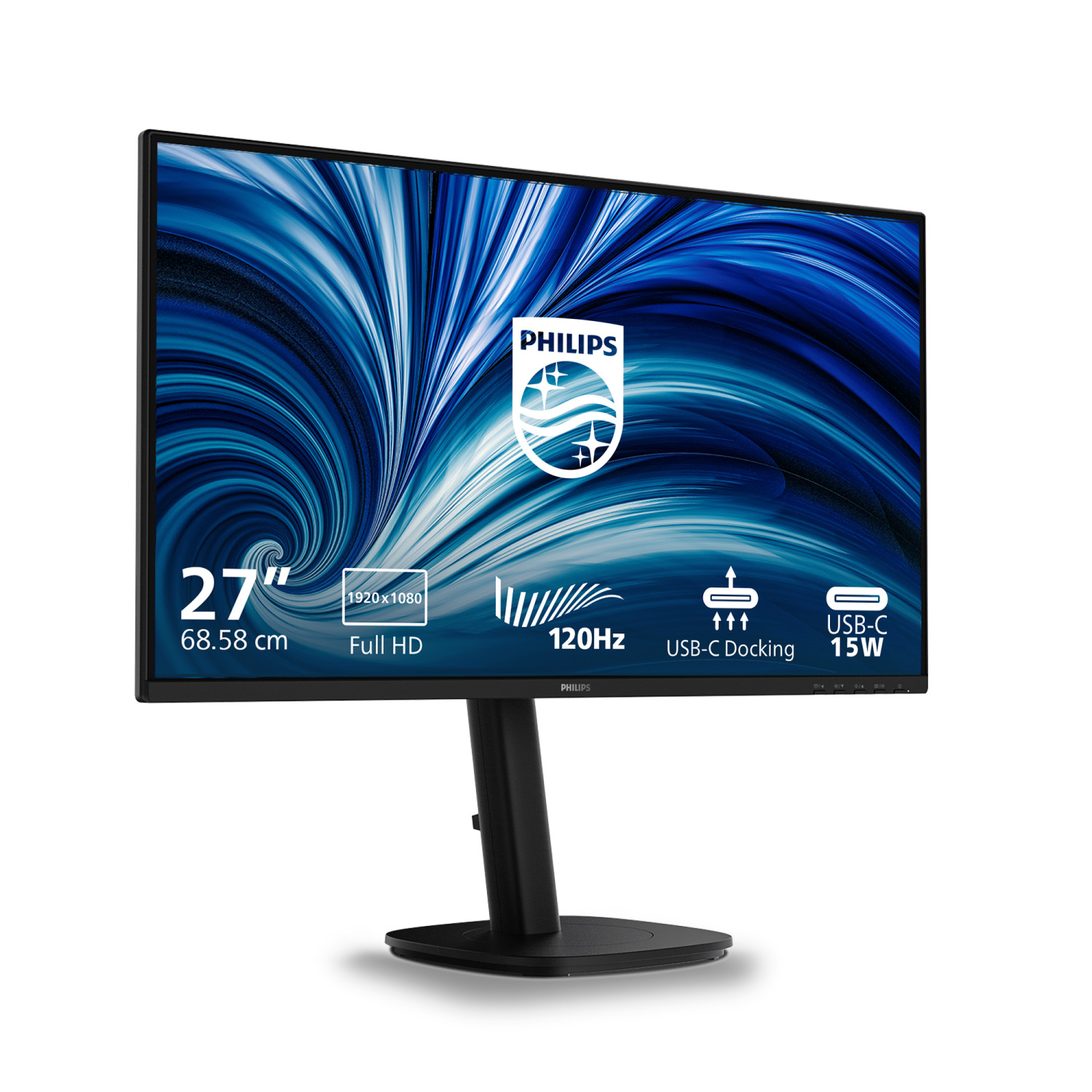 Monitor Philips da 27 pollici con Full HD, 120Hz e docking USB-C su sfondo bianco.
