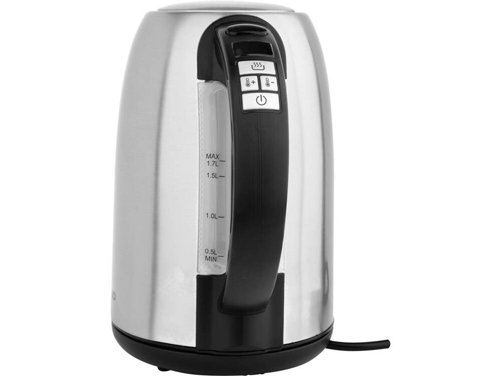 Un bollitore elettrico in acciaio inossidabile argentato con manico nero, pulsanti di temperatura e livello dell'acqua.