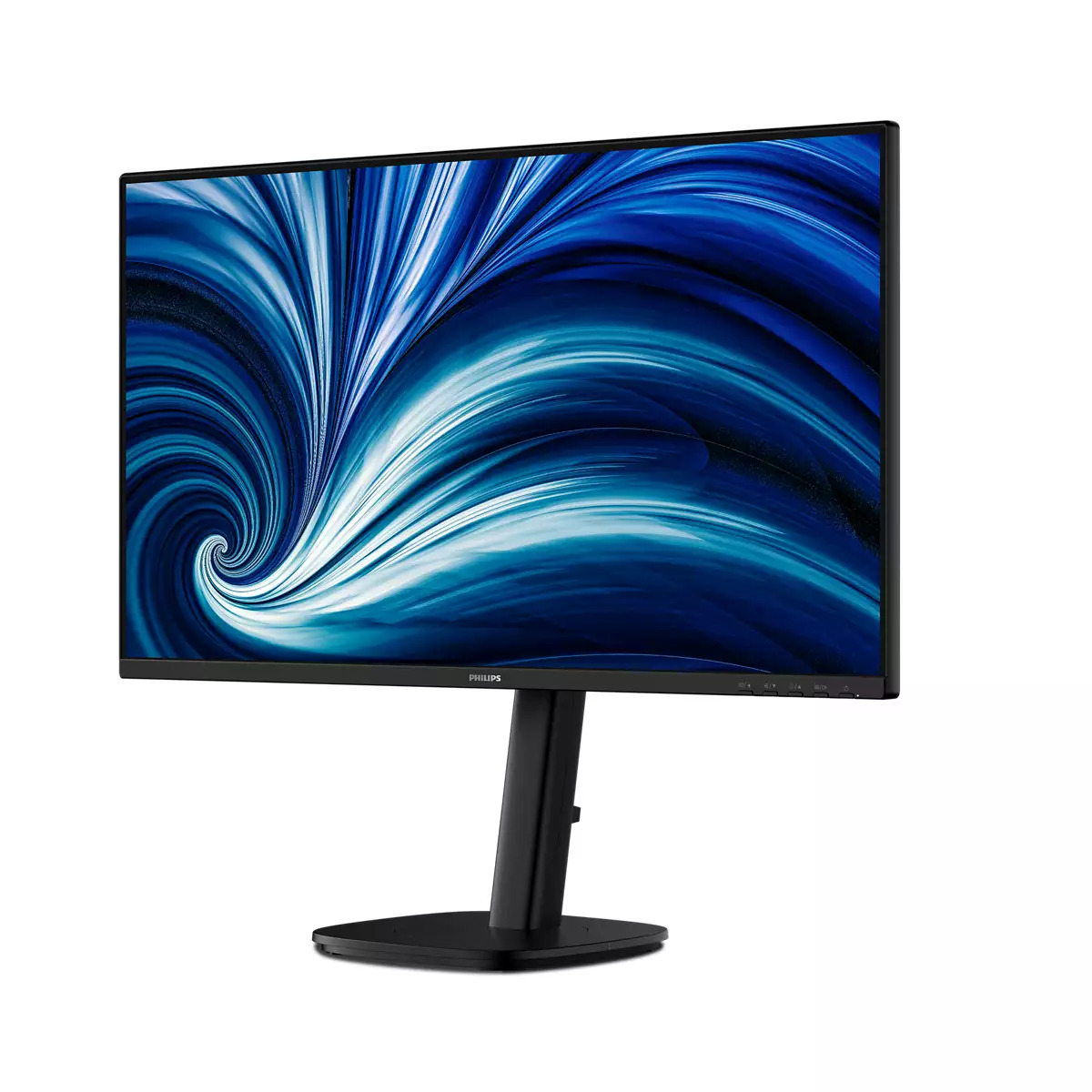 Un monitor per computer Philips nero su supporto che mostra un motivo astratto blu.