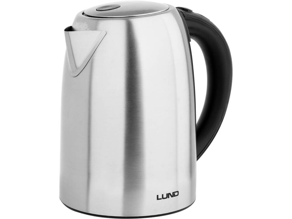 Un bollitore elettrico argentato con manico nero e logo LUND su sfondo bianco.