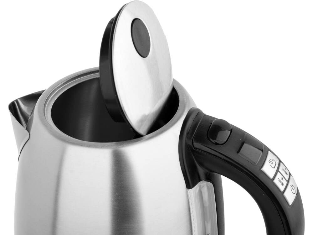 Un bollitore elettrico in acciaio inossidabile argento con coperchio aperto e manico nero con pulsanti.