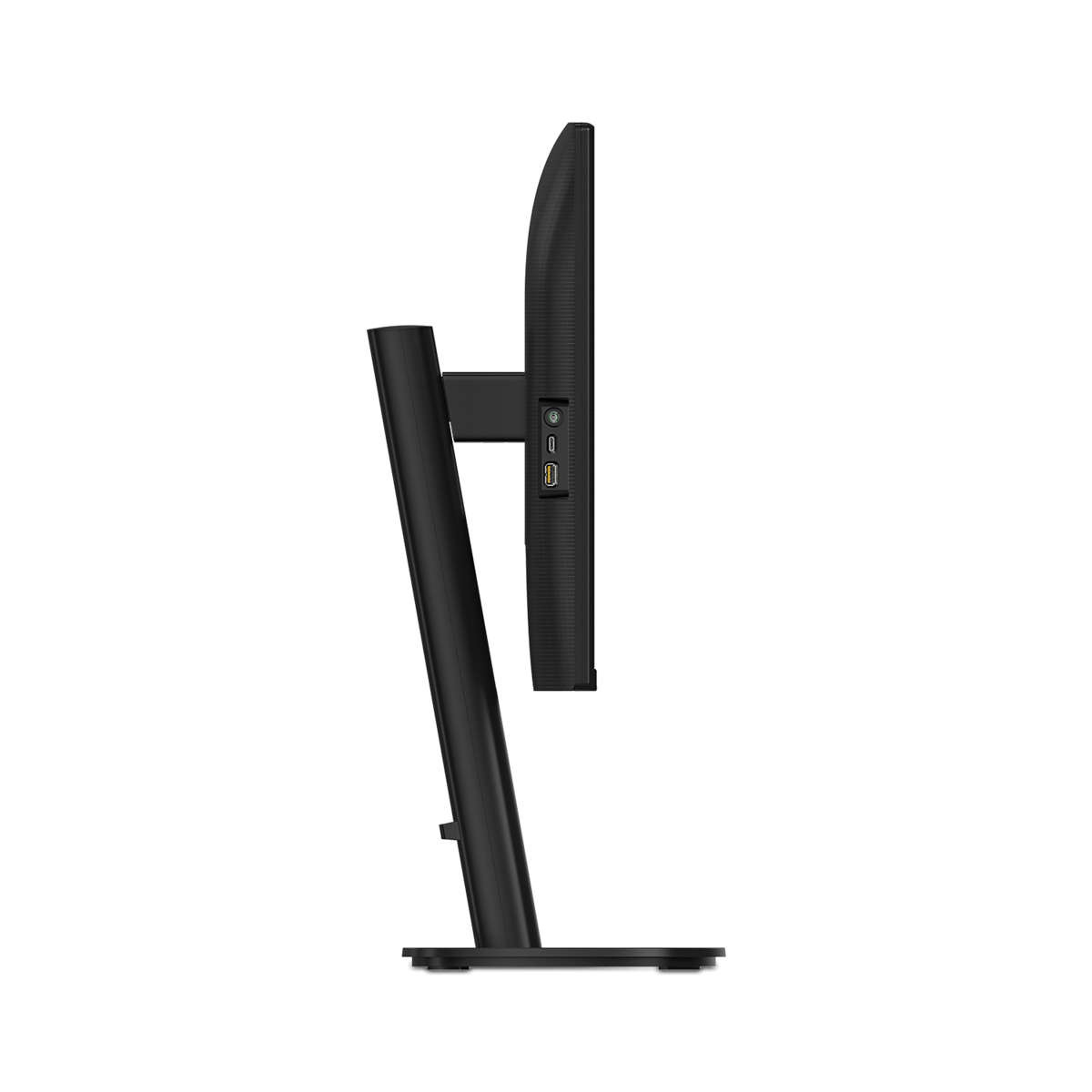 Vista laterale di un monitor per computer nero su supporto con porte visibili.