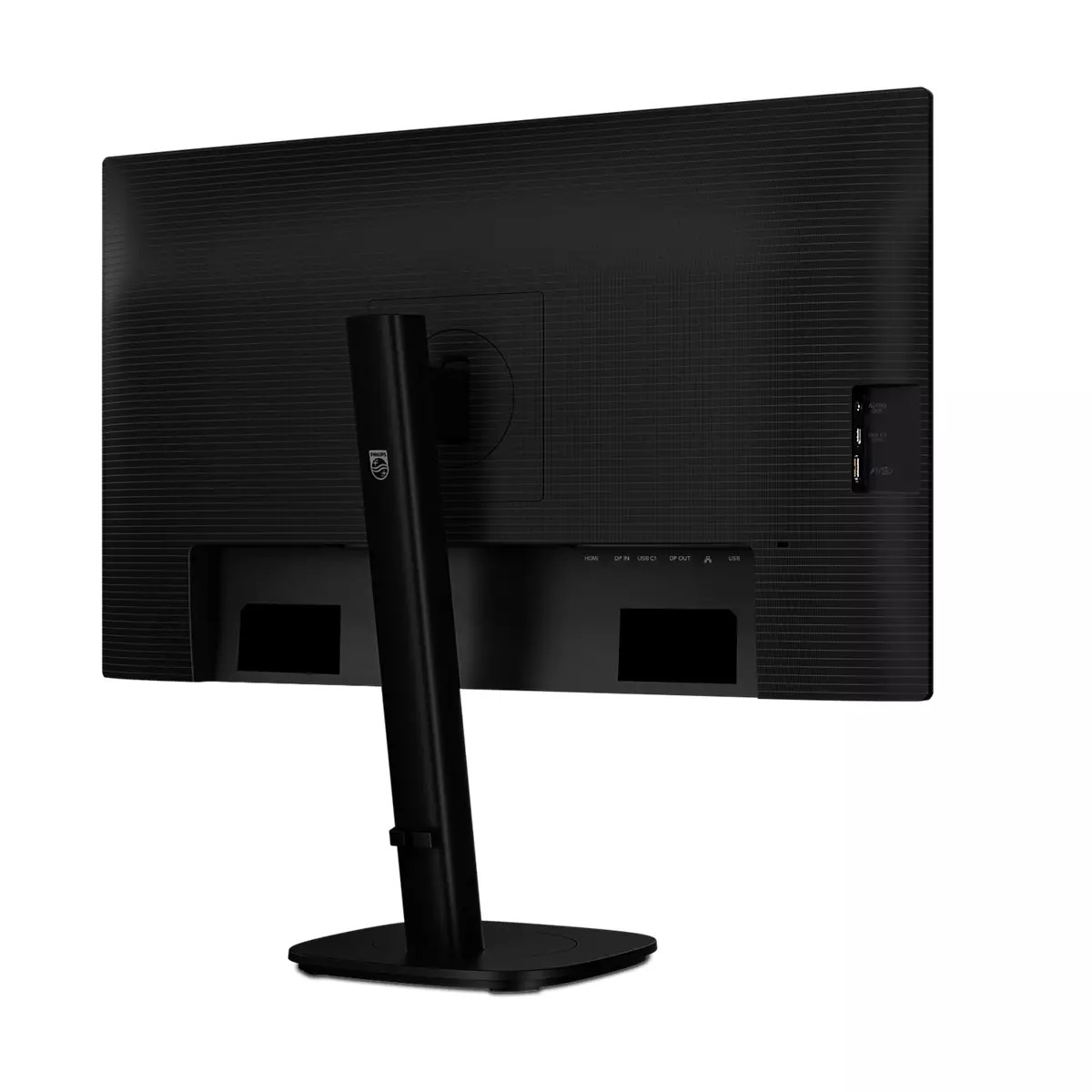 Il retro di un monitor Philips nero con supporto su sfondo bianco.