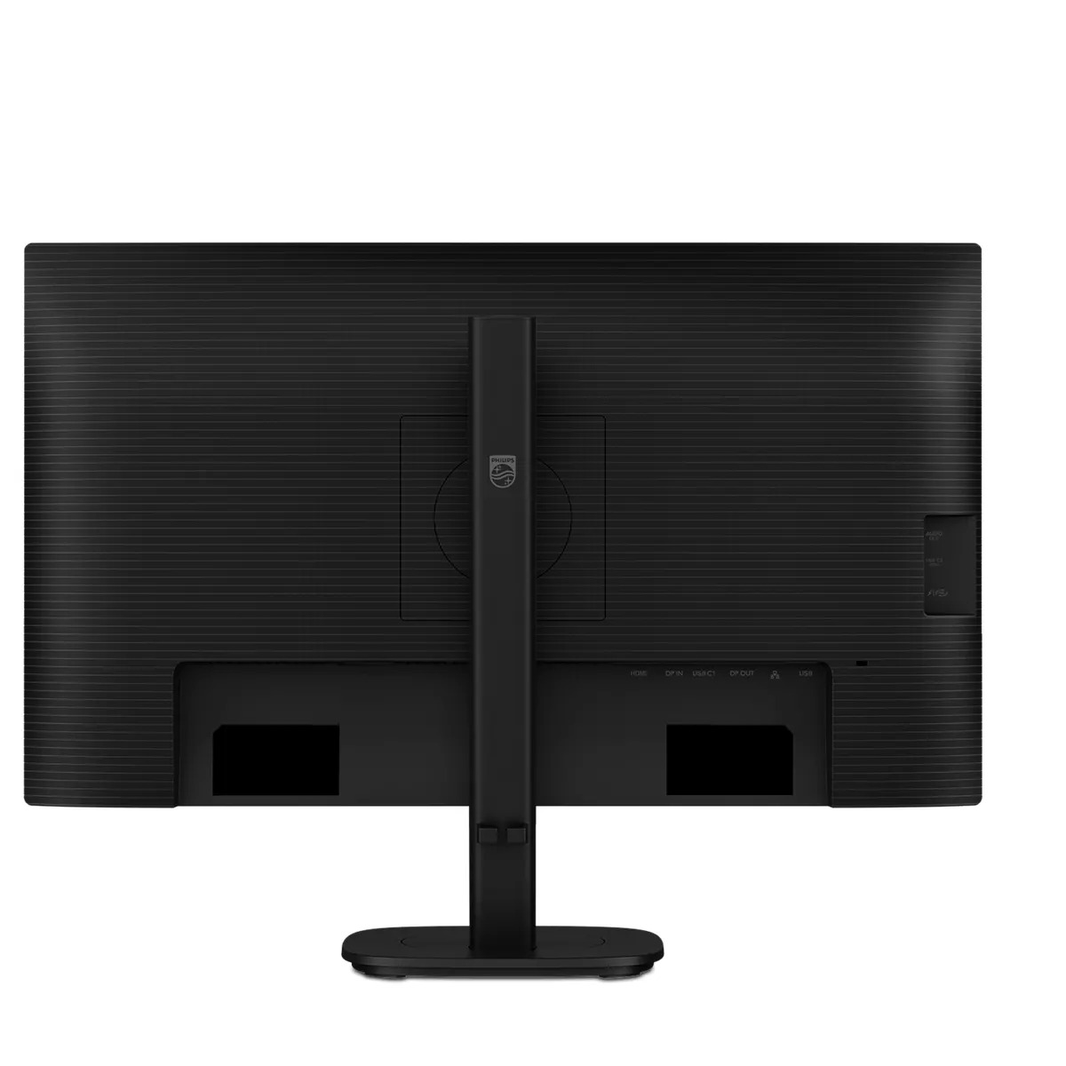Vista posteriore di un monitor Philips nero con supporto e porte.