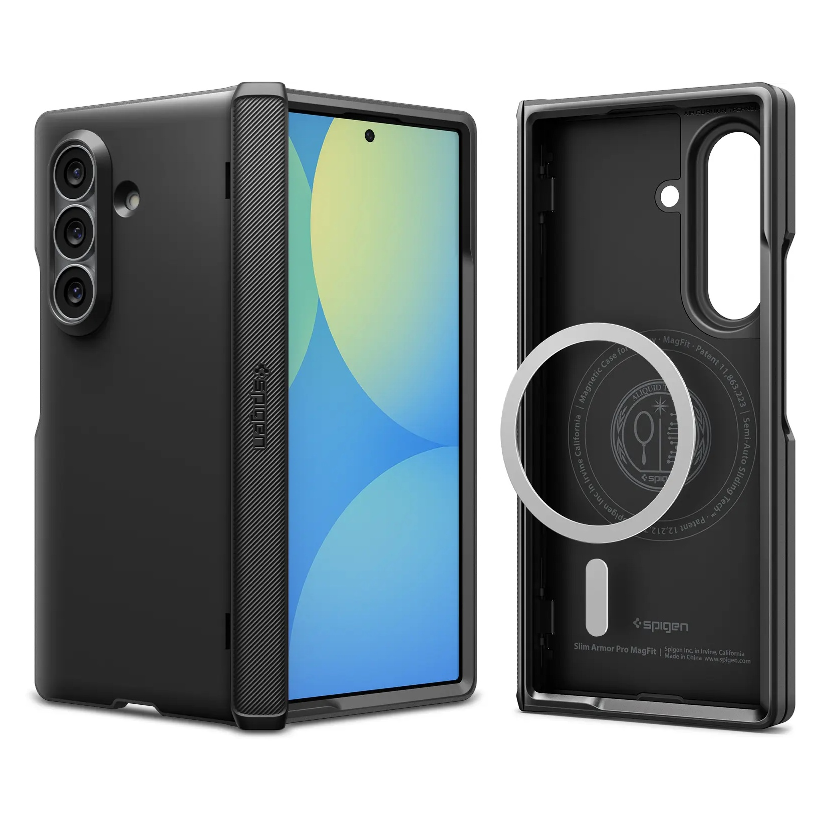 A black smartphone case shown from the front with a phone inside and from the back showing a magnetic ring.