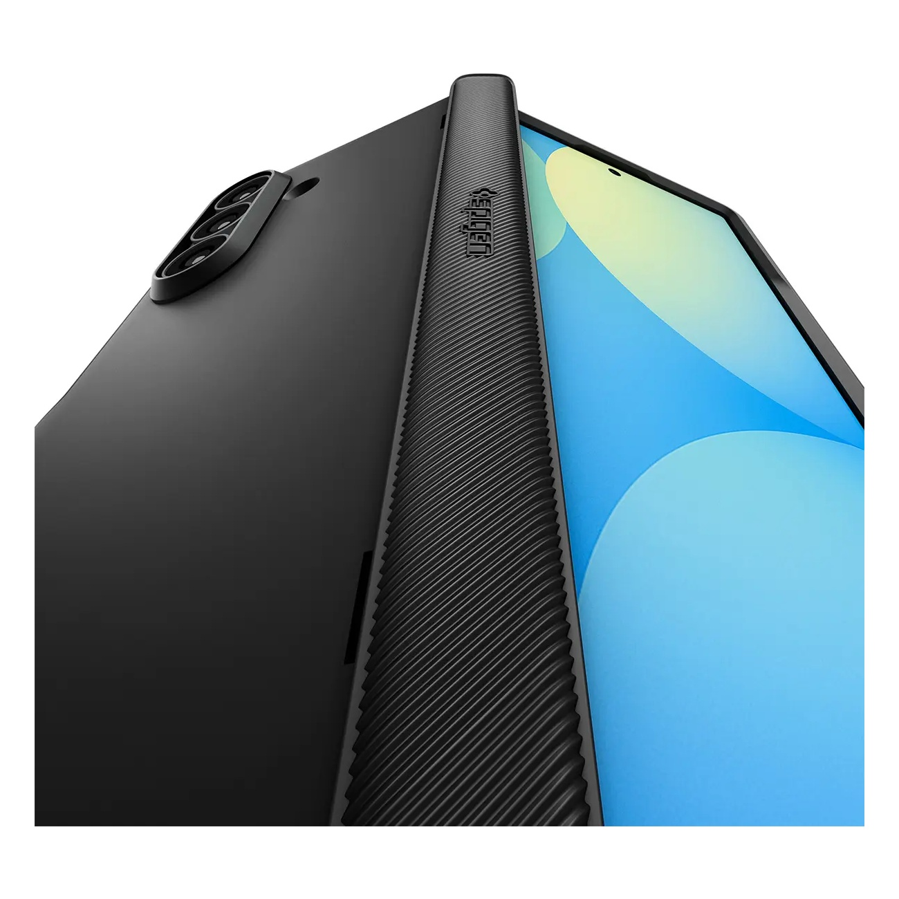 Black protective case with a ribbed edge and camera on the back.