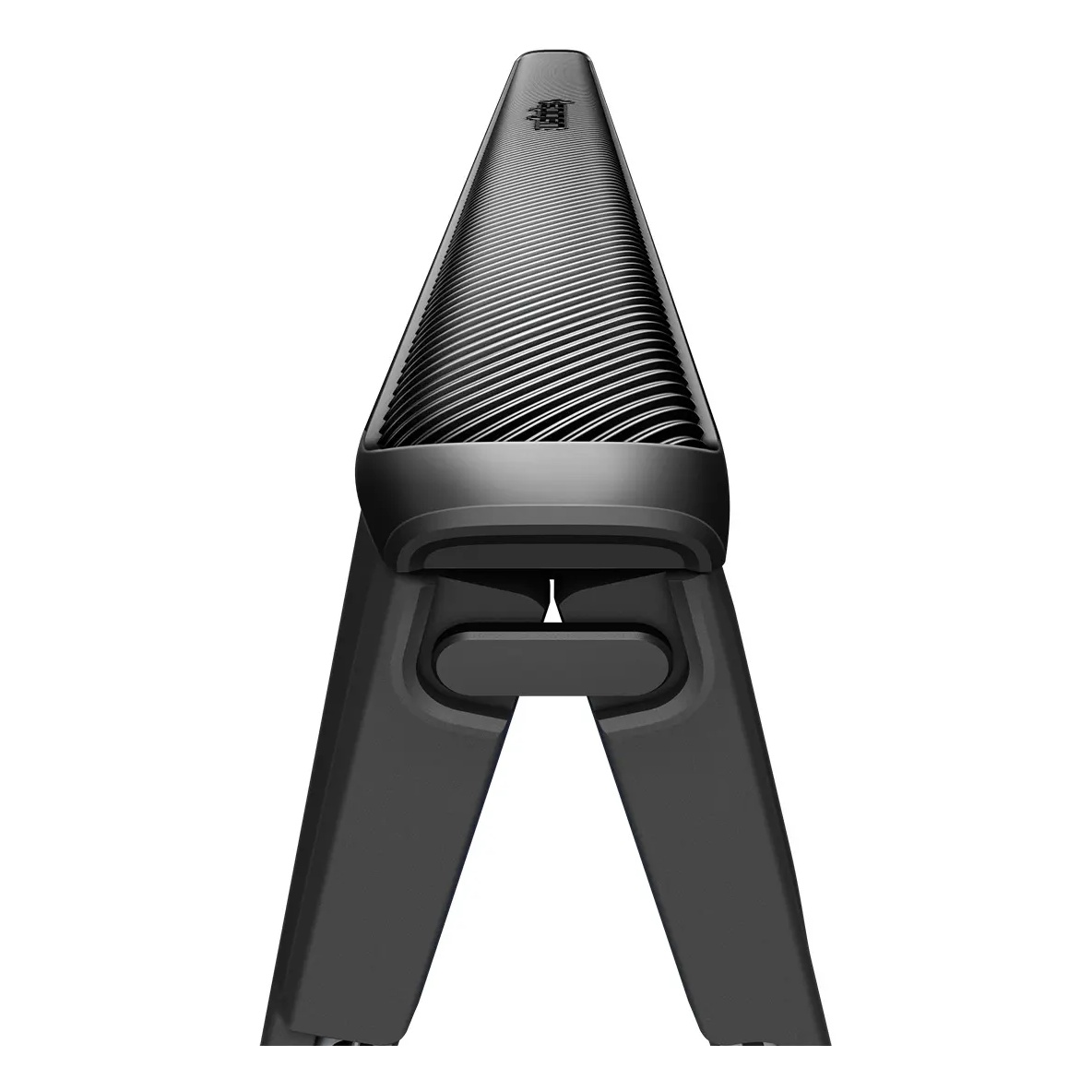 Black tripod with a ribbed surface seen from above against a bright background.