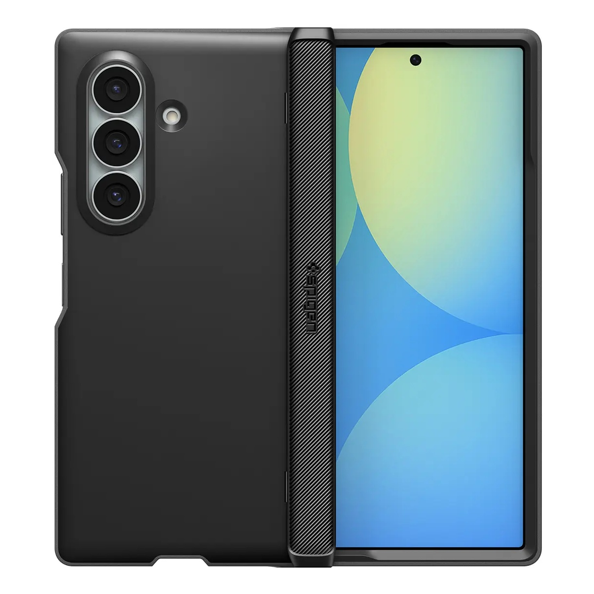 A black foldable smartphone in a protective case, showing the triple camera and front screen.