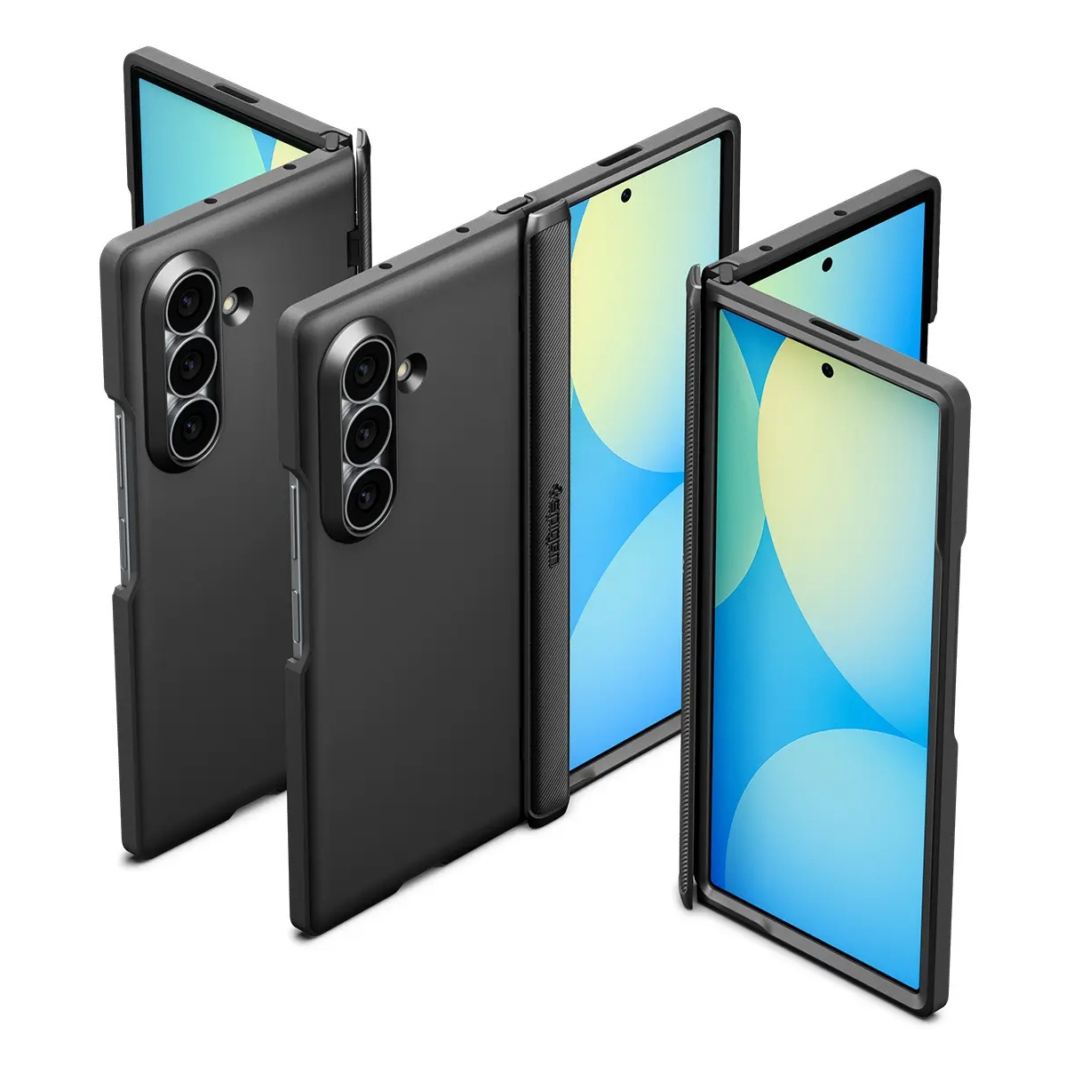 Three foldable smartphones in black protective cases with rear cameras stand against a white background.