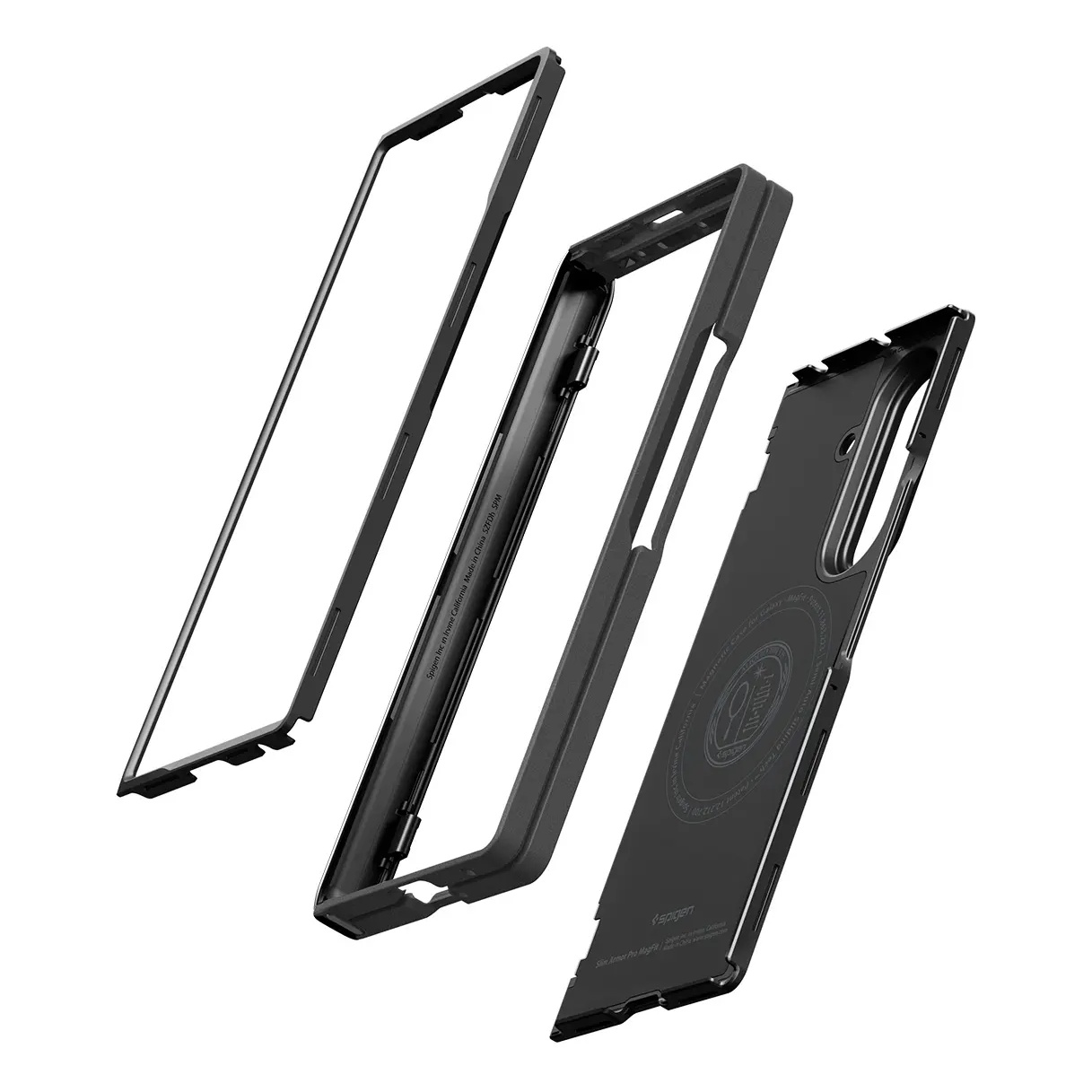 An exploded view of a black smartphone case showing its three layers against a white background.