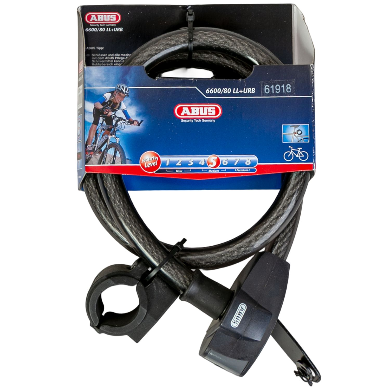 Abus Fahrradschloss in Verpackung mit blauem Design und Abus-Logo.