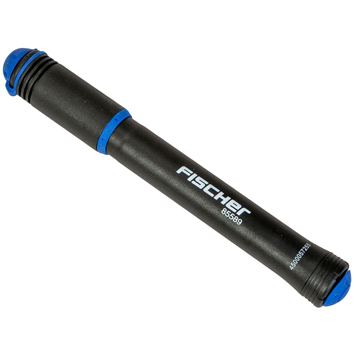 Schwarze Fischer Mini-Fahrradpumpe mit blauen Akzenten auf weißem Hintergrund.