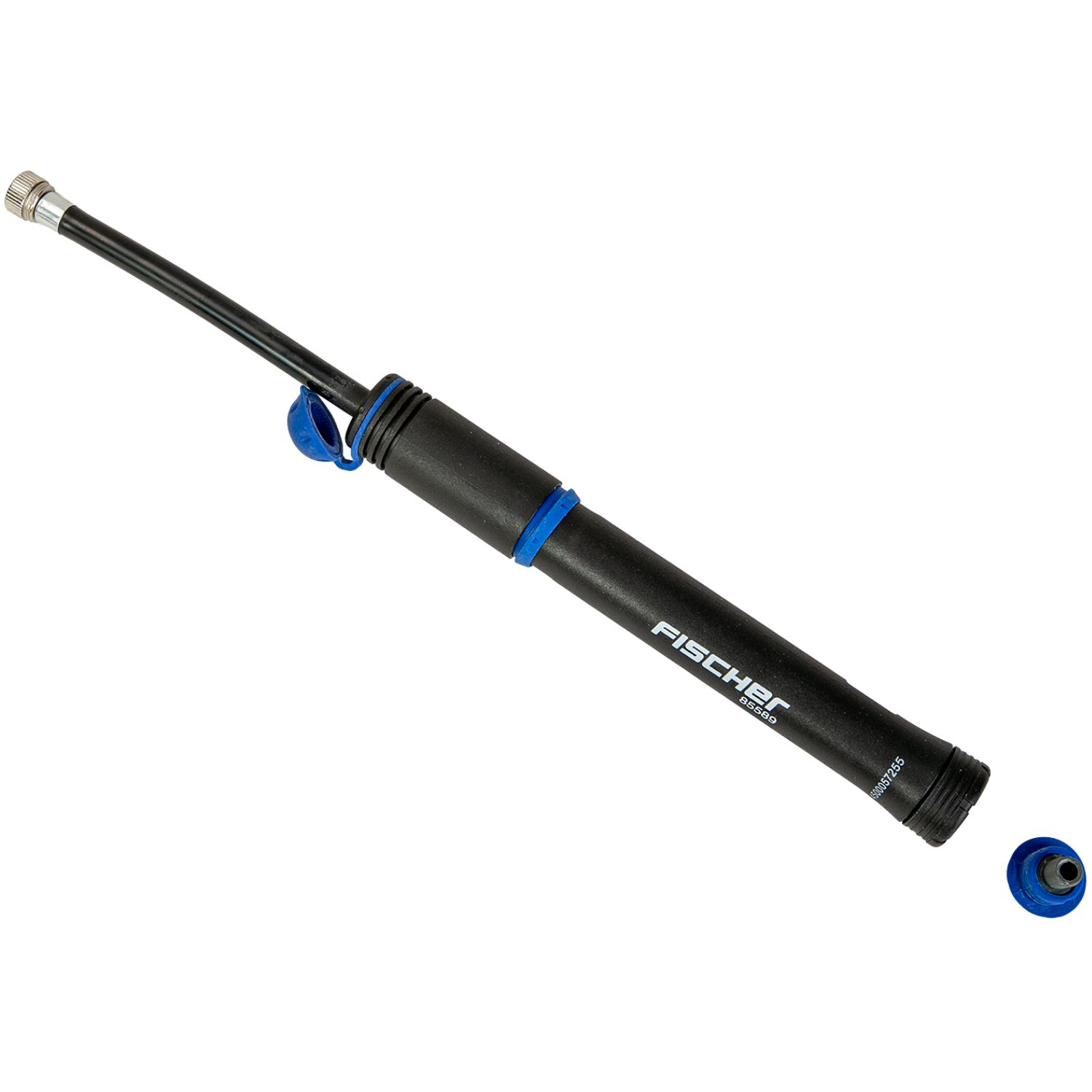Schwarze Fischer-Fahrradpumpe mit blauen Akzenten und abgenommenen Kappen vor weißem Hintergrund.