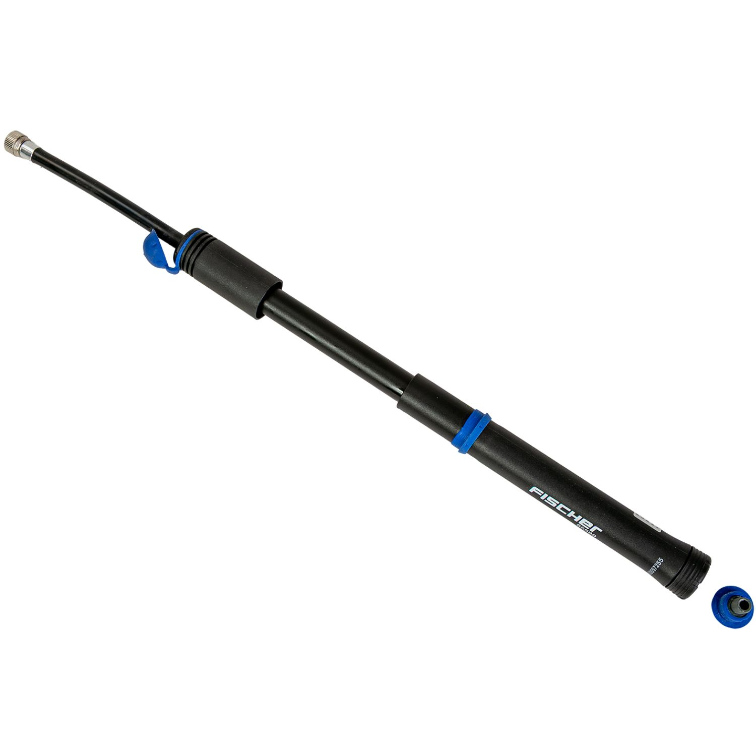 Schwarze Fischer-Fahrradpumpe mit blauen Akzenten und abnehmbarer Kappe auf weißem Hintergrund.