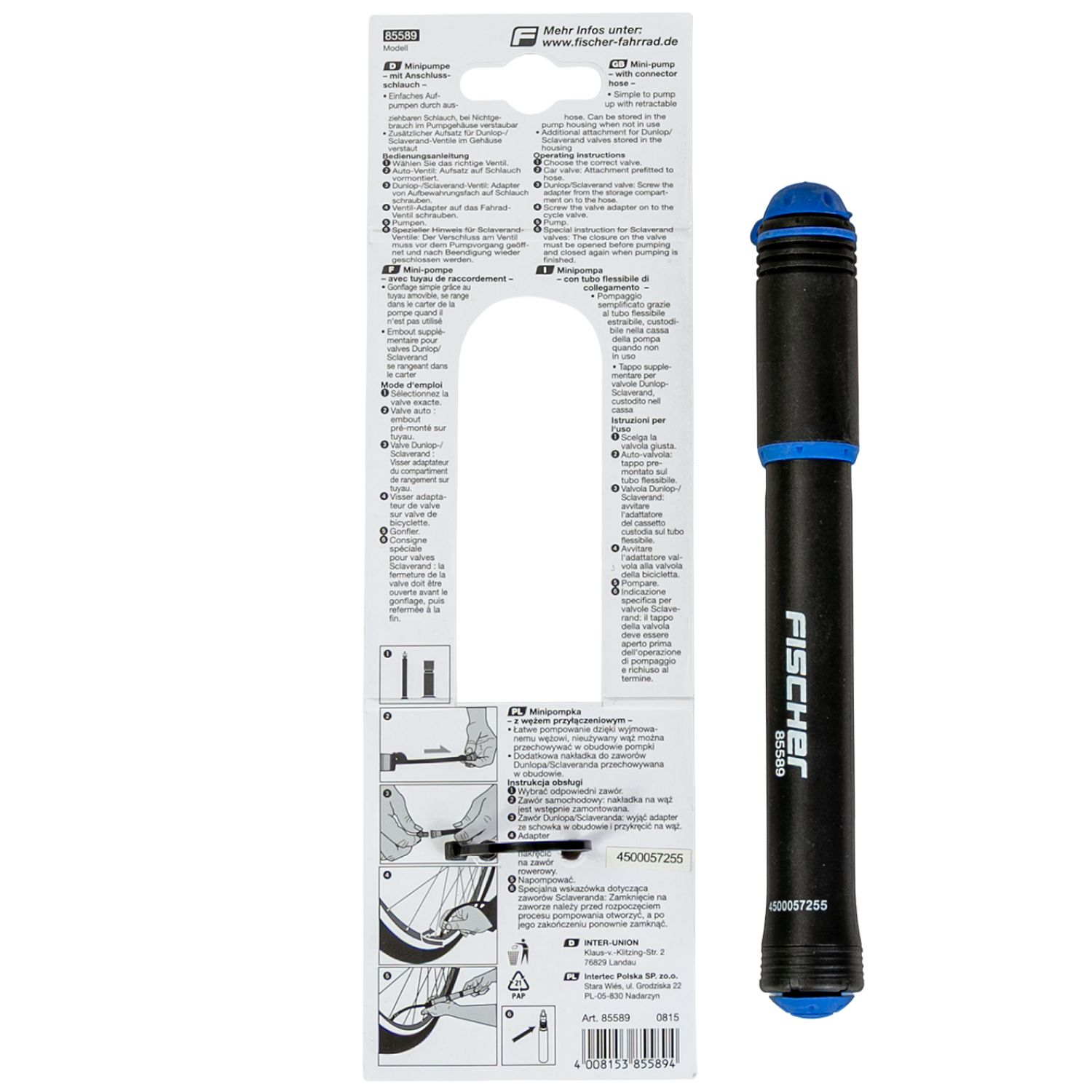 Verpackte schwarze Fischer Minipumpe mit weißer Anleitung dahinter.
