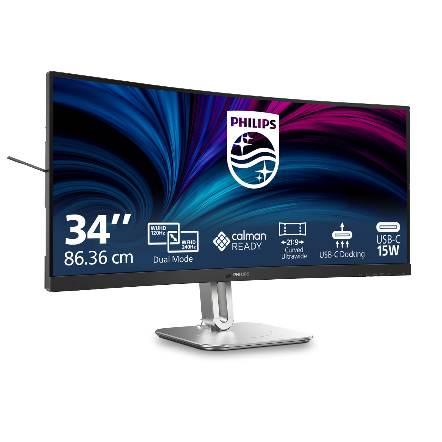Un monitor curvo Philips da 34 pollici su supporto argentato mostra grafica blu e rosa e icone.