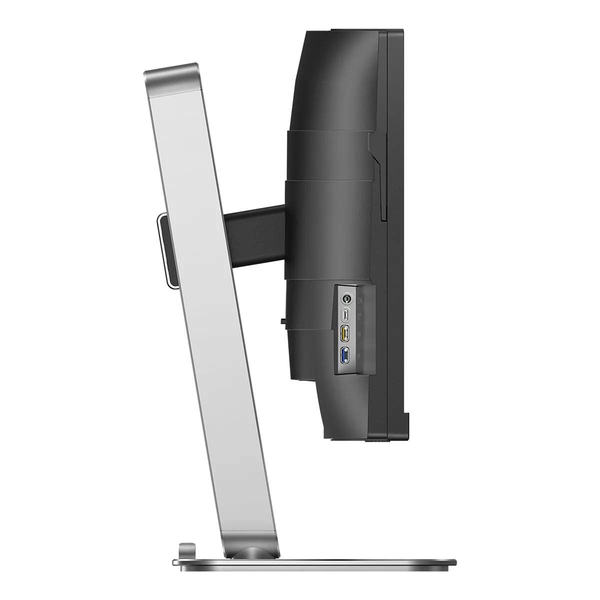 Vista laterale di un monitor nero su supporto argento con porte visibili.