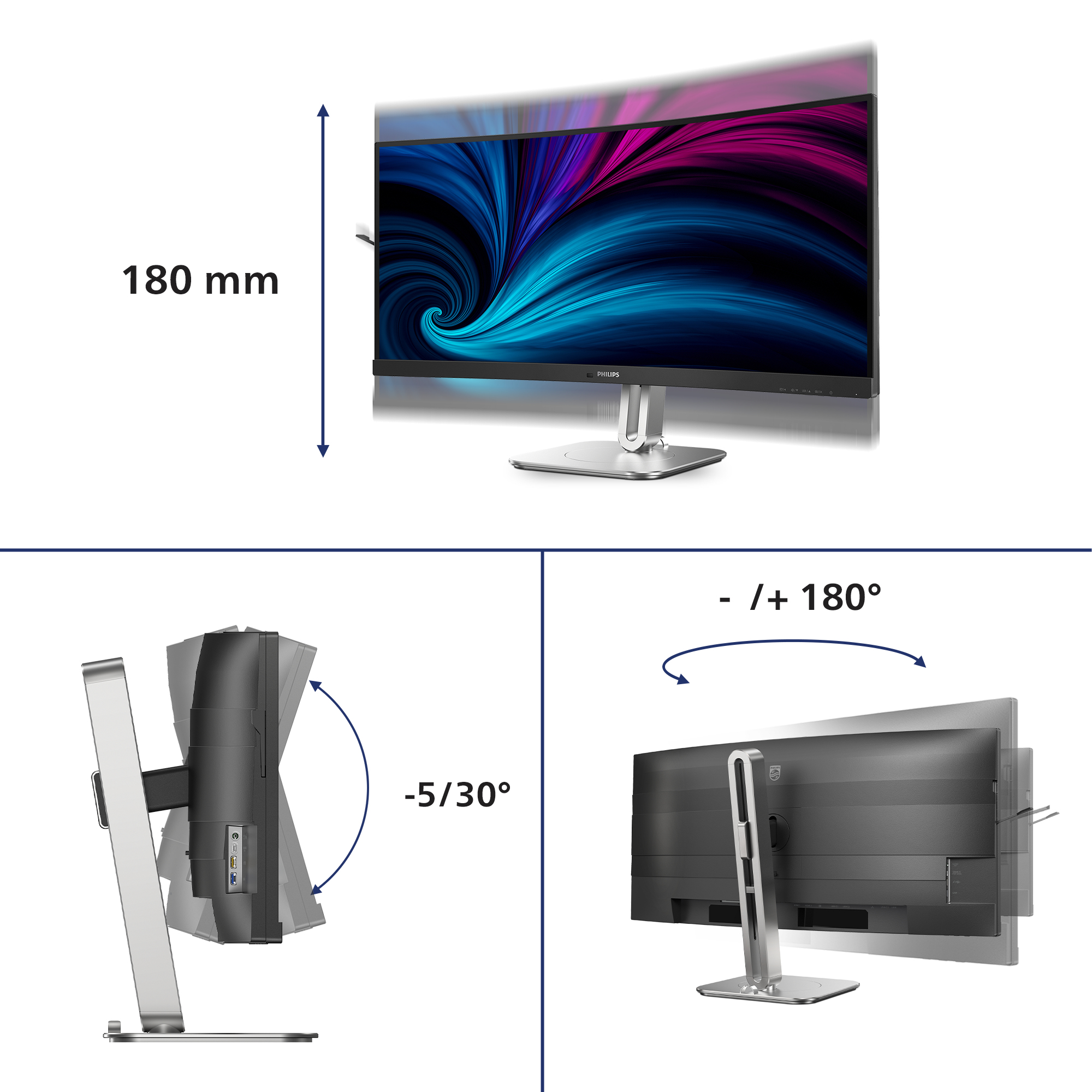 Schema tecnico con misure di altezza, inclinazione e rotazione di un monitor Philips.