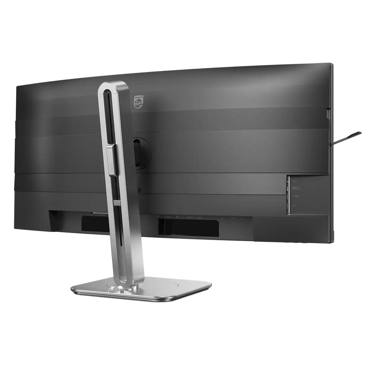 Vista posteriore di un monitor Philips curvo e largo con supporto argento su sfondo bianco.