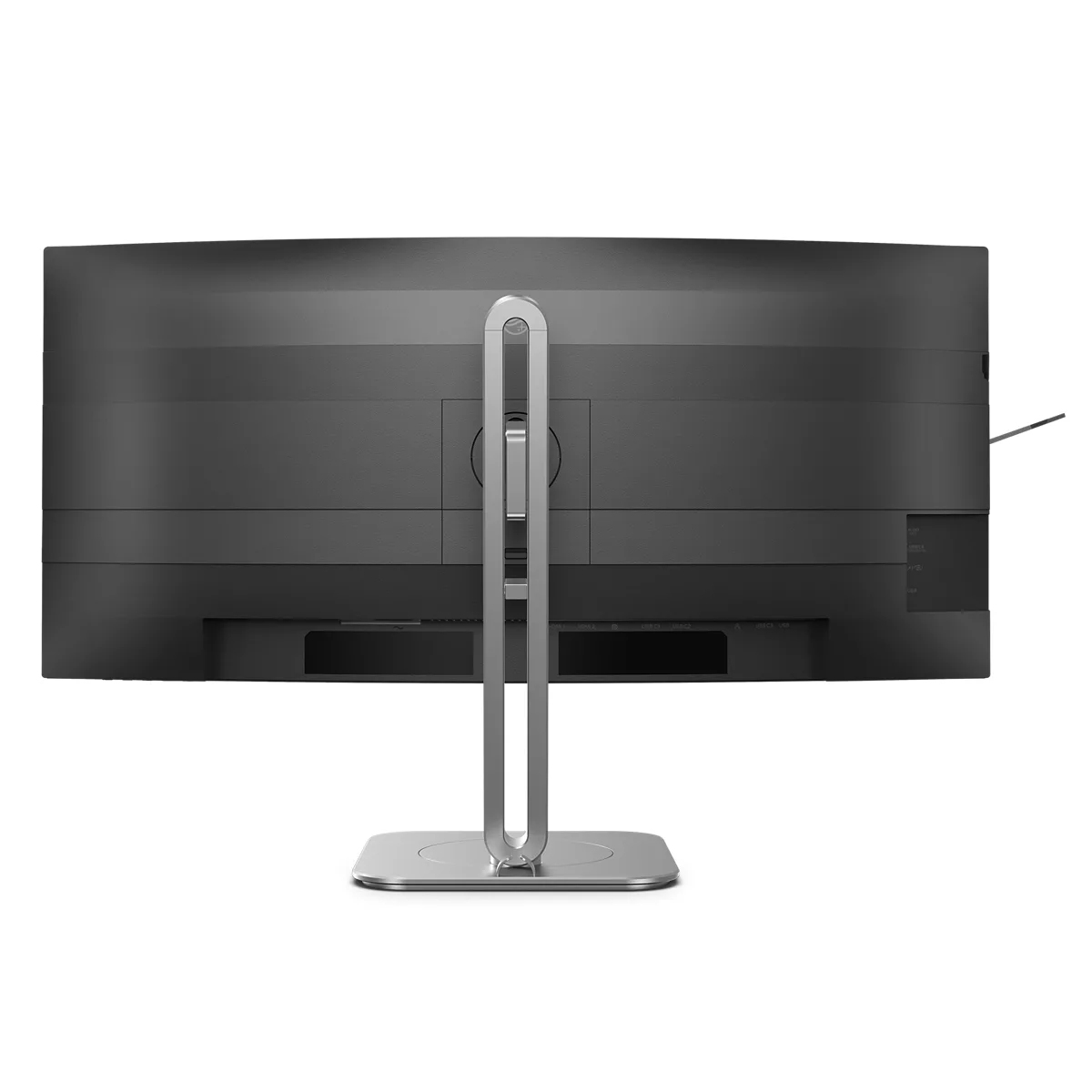 Vista posteriore di un monitor curvo nero con supporto argentato su sfondo bianco.