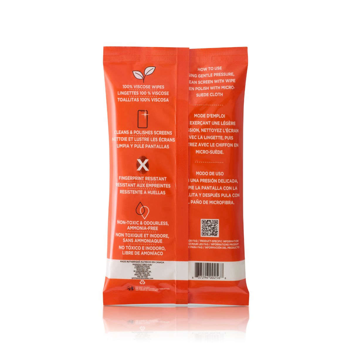 Parte trasera de un paquete de toallitas de viscosa naranja con instrucciones, código de barras y QR.