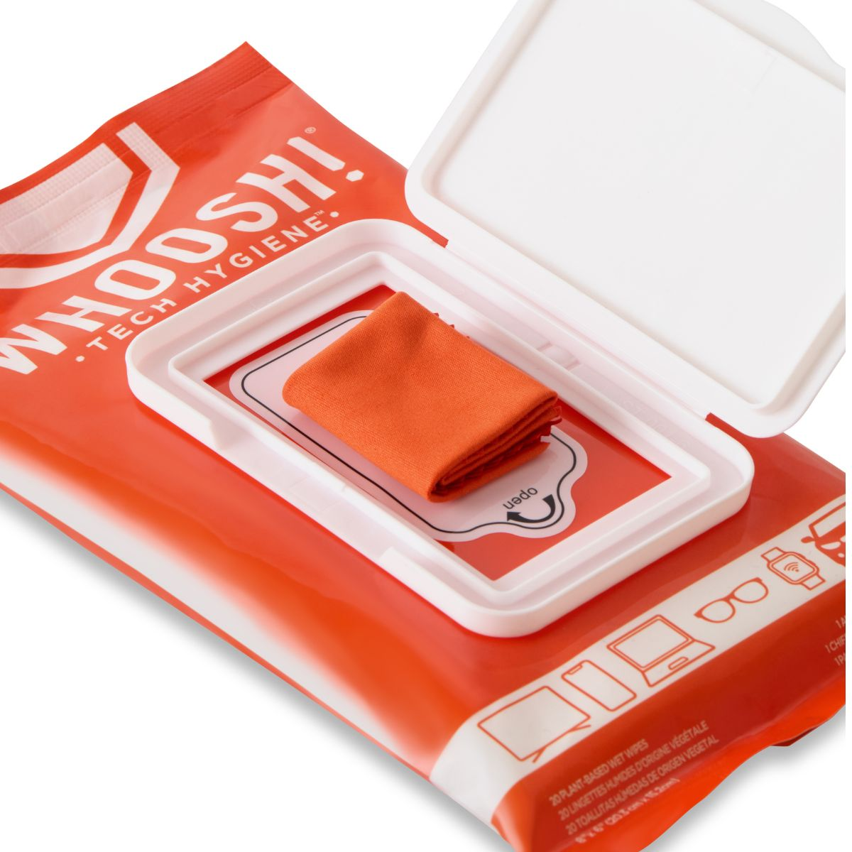 Un paquete de higiene tecnológica Whoosh naranja con tapa blanca abierta y un paño naranja doblado encima.