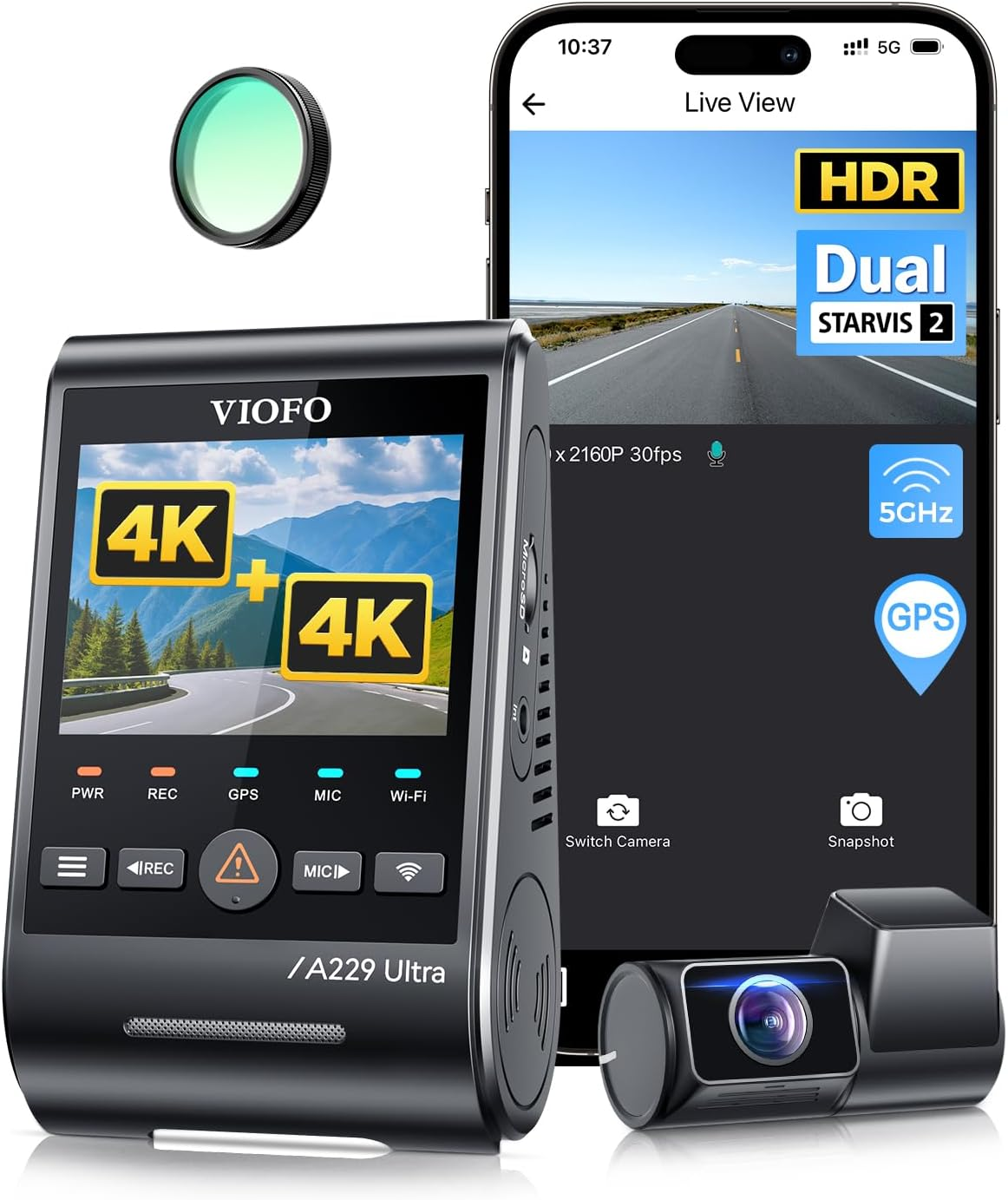 Kamera samochodowa VIOFO A229 Ultra z ekranem, kamerą tylną, filtrem i aplikacją na smartfona.