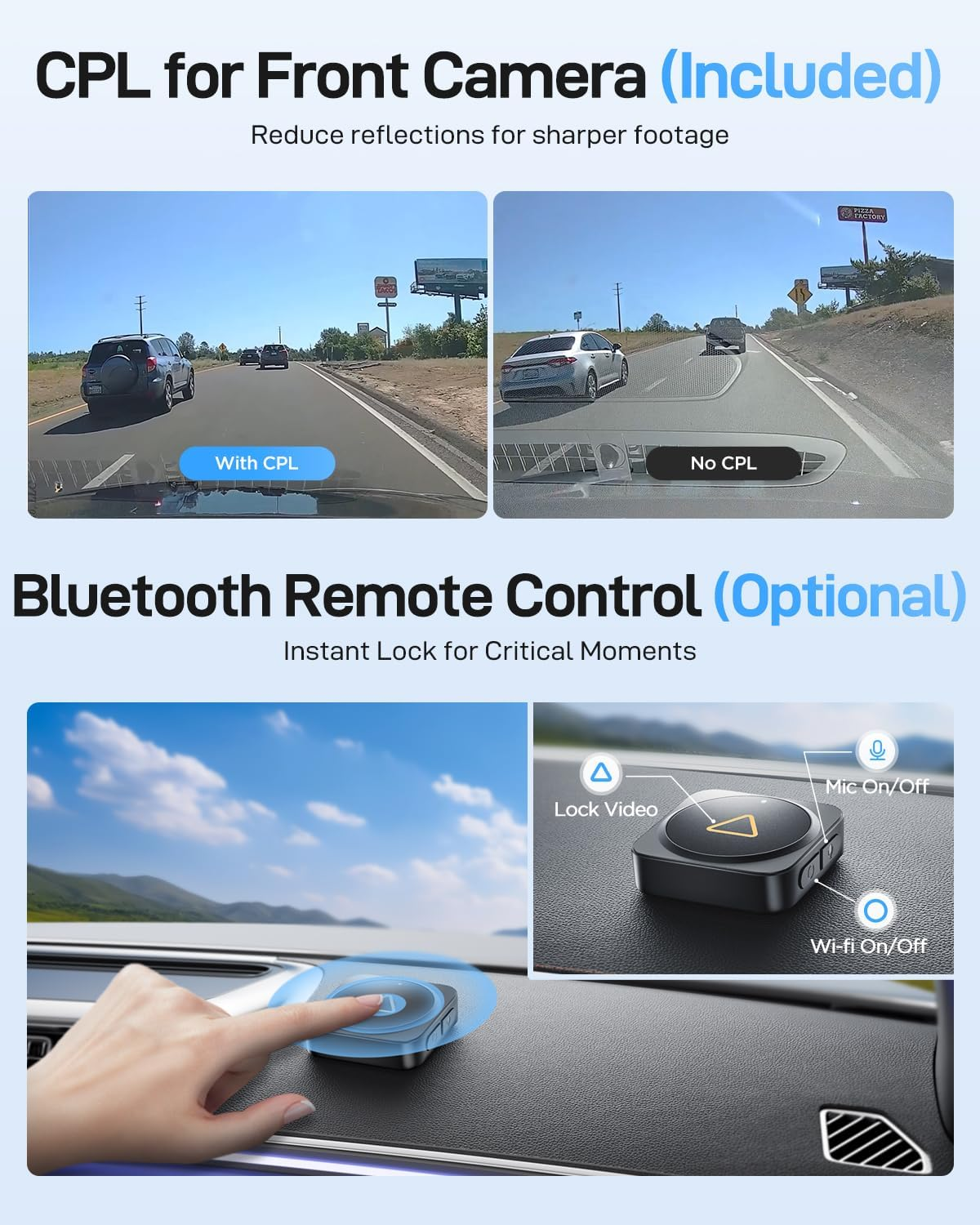 Porównanie kamery przedniej z filtrem CPL i bez, wraz ze zdjęciami pilota Bluetooth.