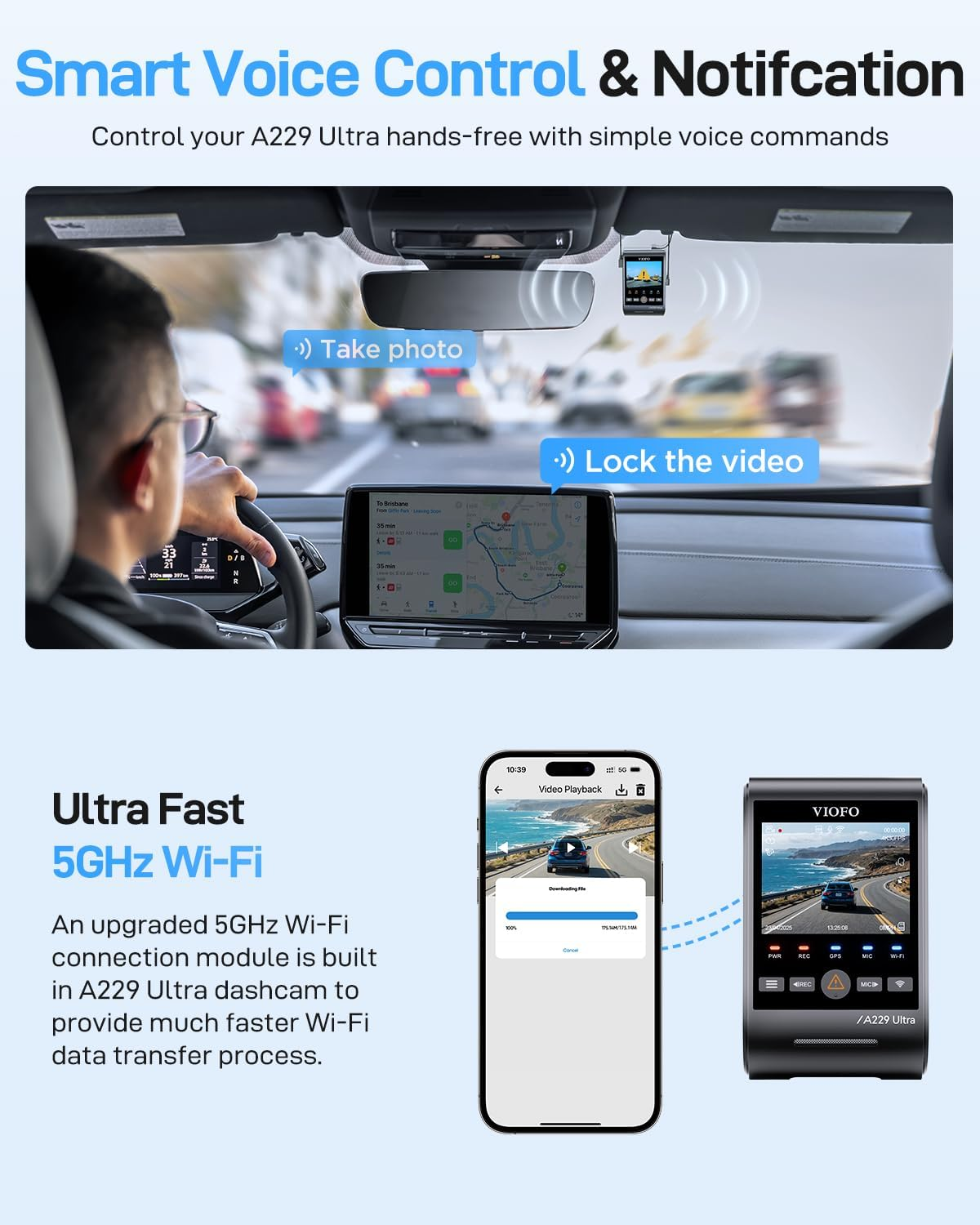 Kamera samochodowa z sterowaniem głosowym i Wi-Fi.