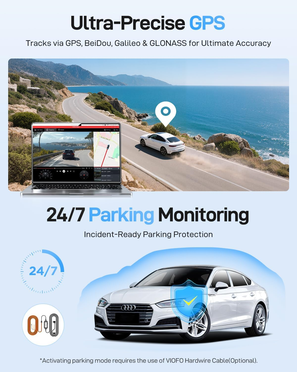 Biały samochód na drodze nadmorskiej, laptop pokazuje śledzenie GPS.