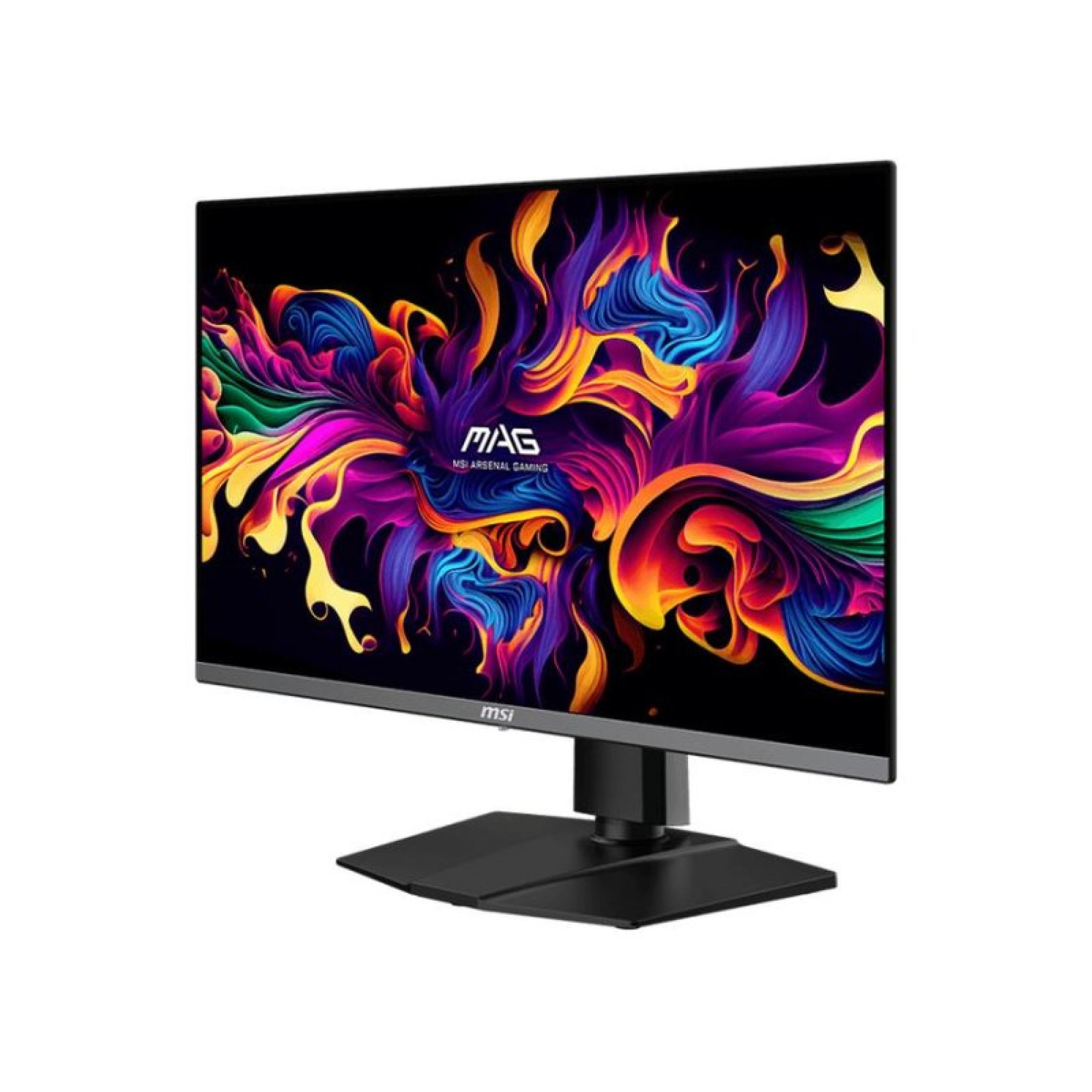 Monitor MSI na czarnej podstawce z kolorowym, abstrakcyjnym motywem płomieni i logo MAG.