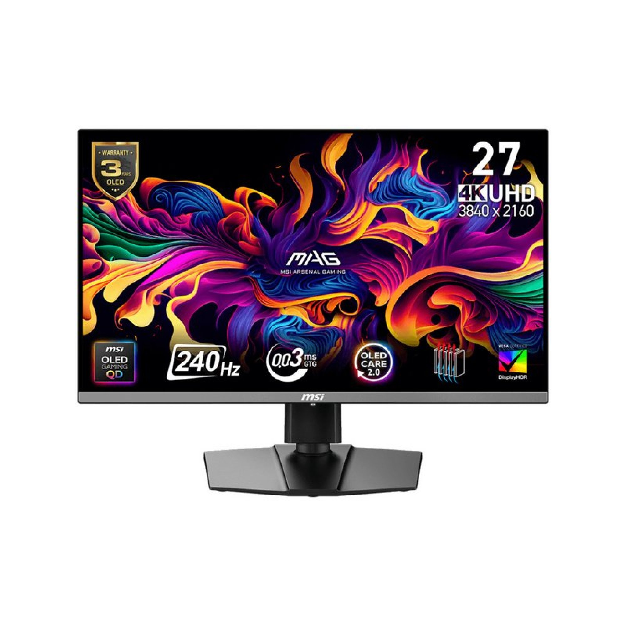 27-calowy monitor gamingowy MSI MAG 4K OLED z kolorowym tłem.