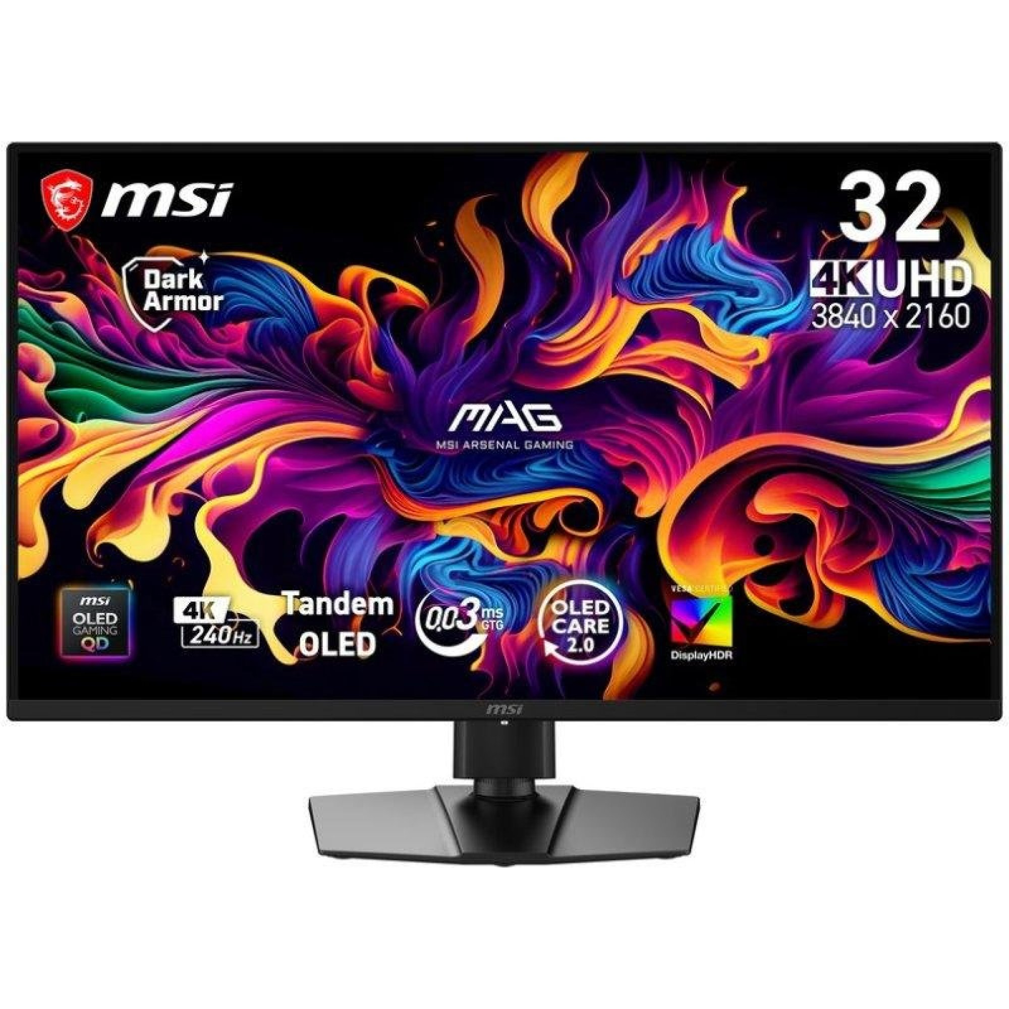 Renkli soyut grafik ve ürün özelliklerini gösteren MSI 32 inç 4K UHD OLED oyun monitörü.
