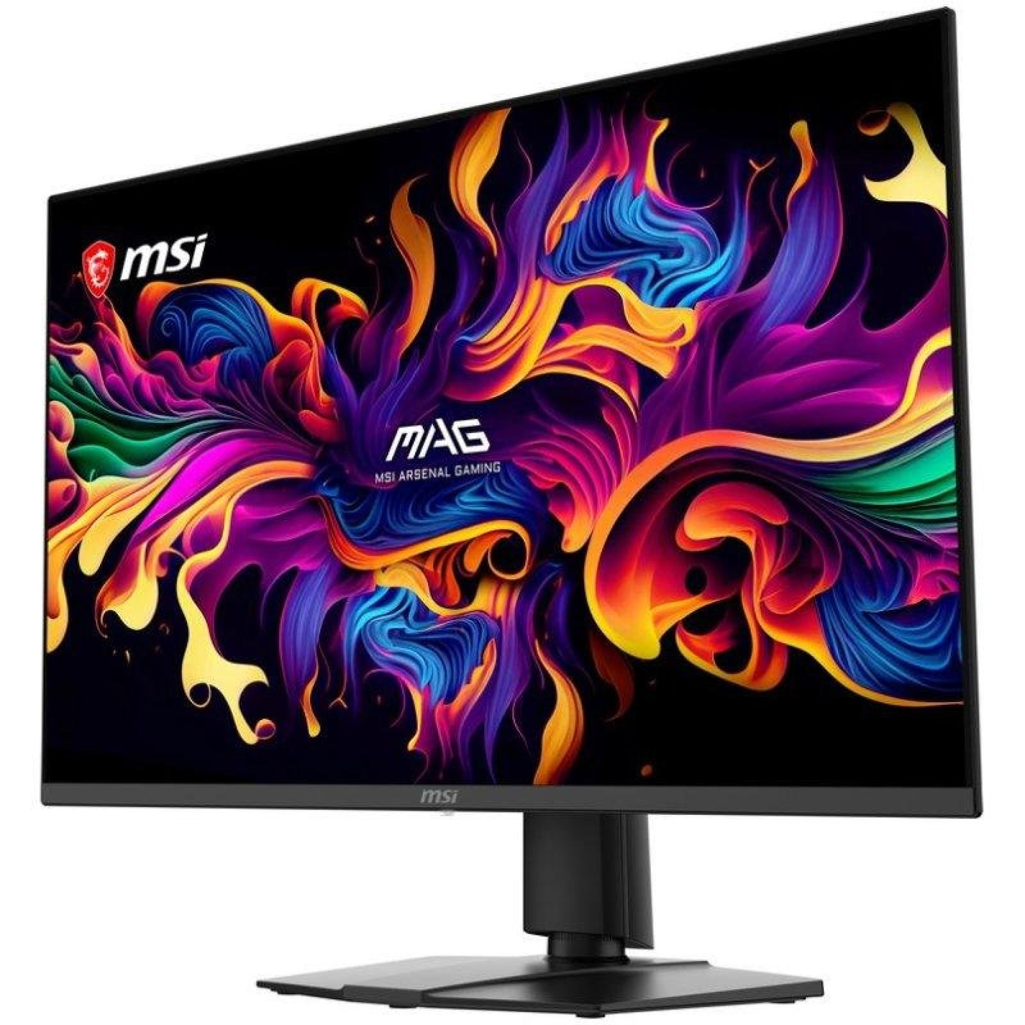 Siyah stant üzerinde canlı ve renkli soyut bir arka plan gösteren bir MSI oyuncu monitörü.
