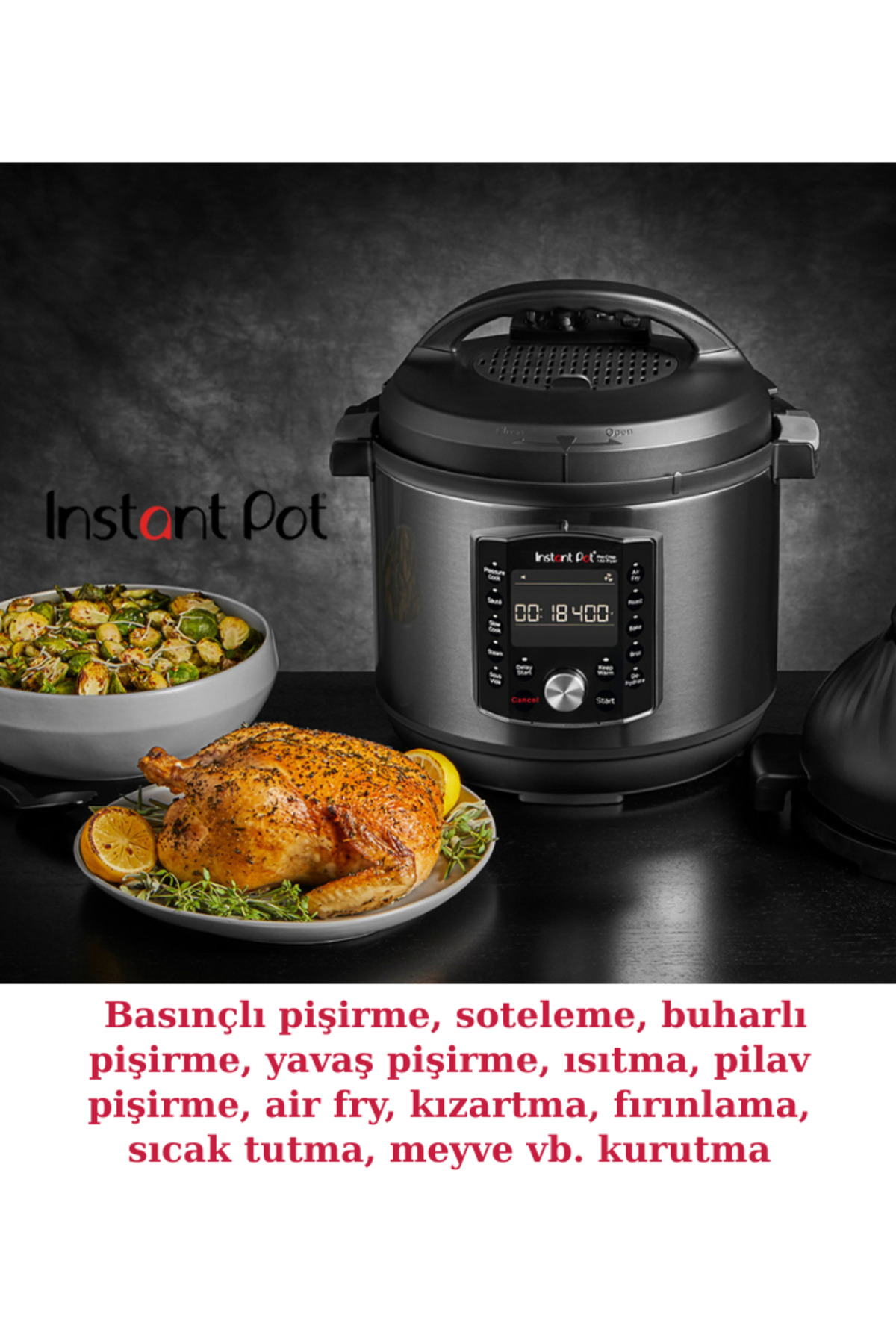 Masada kızarmış tavuk ve sebzelerin olduğu bir Instant Pot çok amaçlı pişirici.