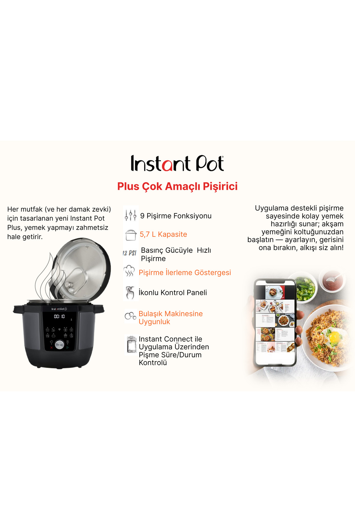 Wielofunkcyjny garnek Instant Pot Plus z funkcjami i sterowaniem aplikacją.