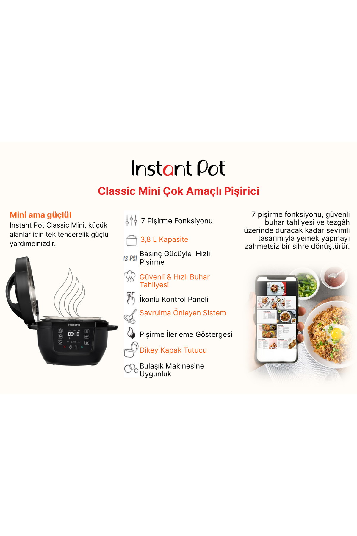 Wielofunkcyjny garnek Instant Pot Classic Mini z funkcjami i aplikacją.
