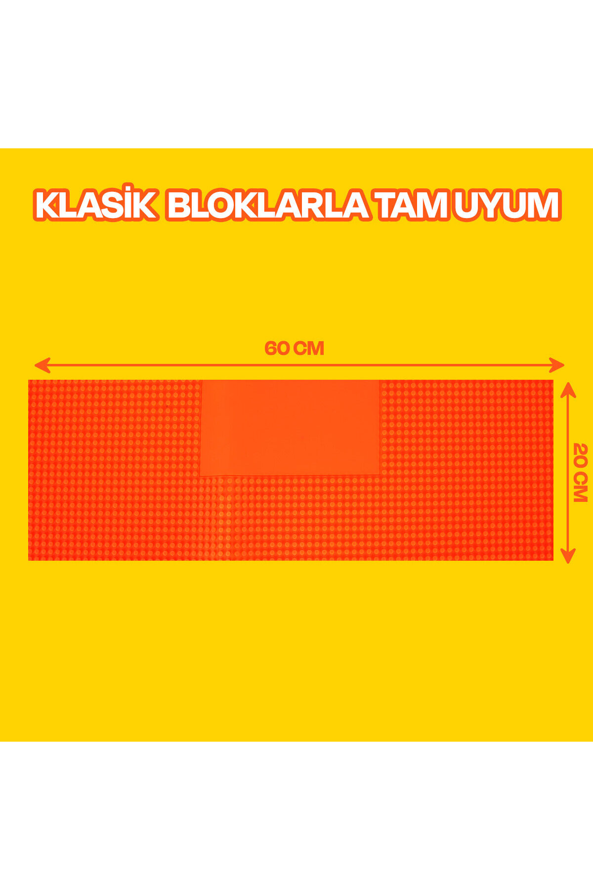 Sarı arka plan üzerinde turuncu renkli 60x20 cm boyutlarında blok tabanı ve yazı.