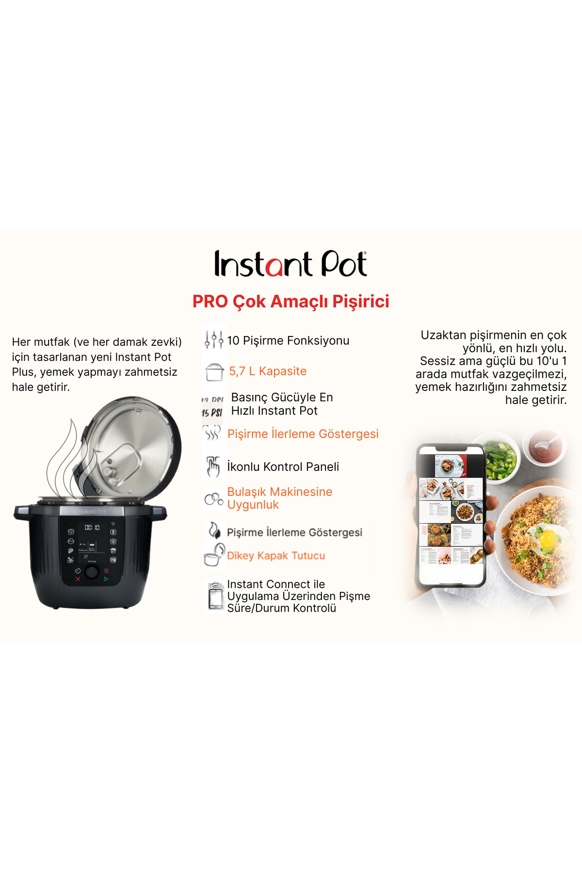 Reklama Instant Pot Pro z funkcjami, urządzeniem i aplikacją mobilną.