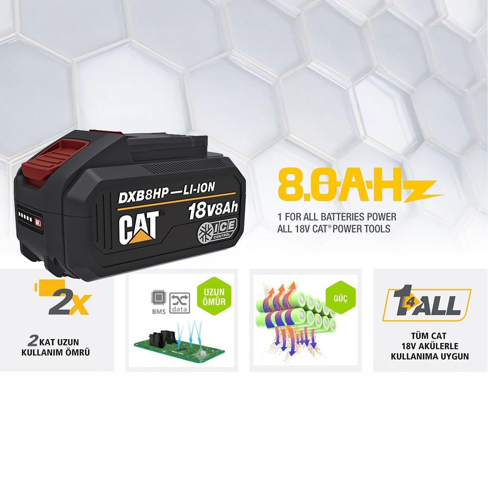 Beyaz arka planda ömür, BMS ve uyumluluk infografikleri içeren siyah CAT 18V 8Ah Li-Ion pil.