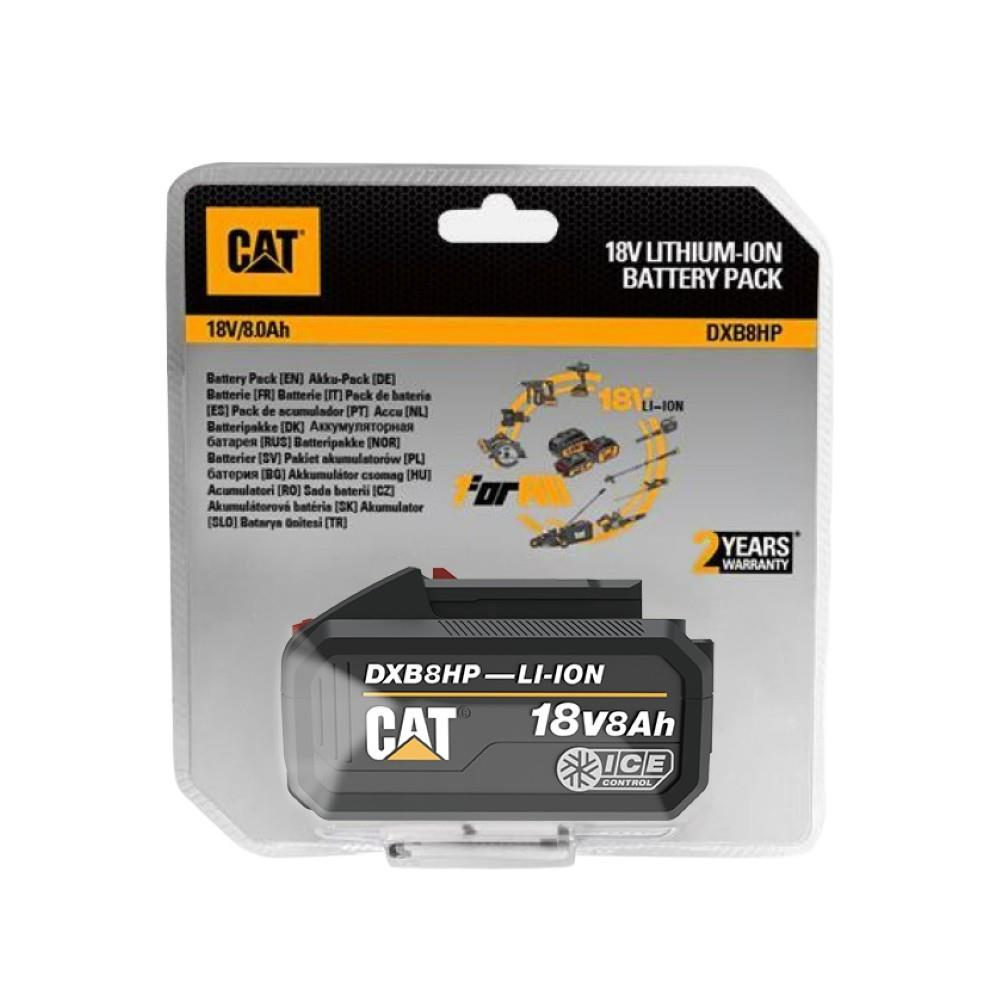 Siyah ve sarı blister ambalajda Cat 18V lityum-iyon pil paketi.