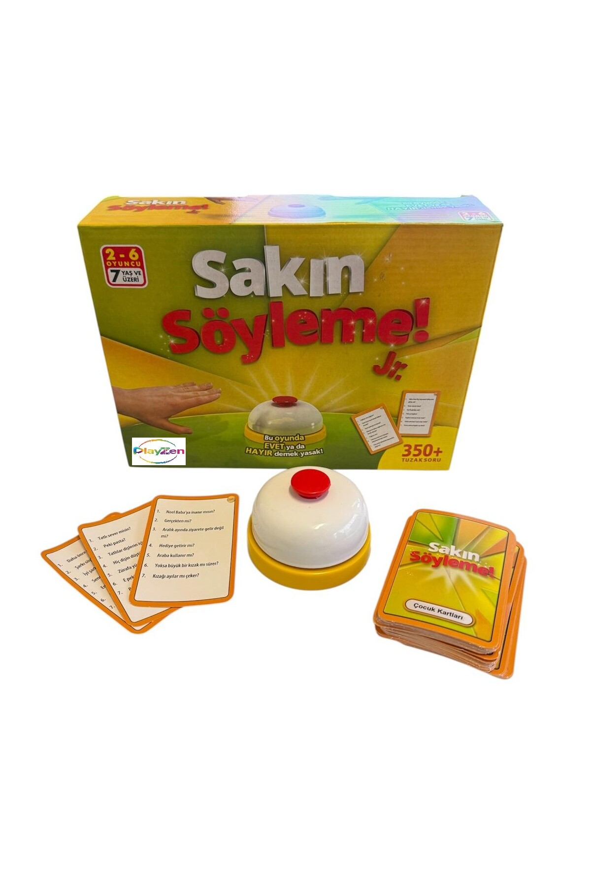 "Sakin Söyleme! Jr." kutu oyunu, sarı zil ve soru kartları.