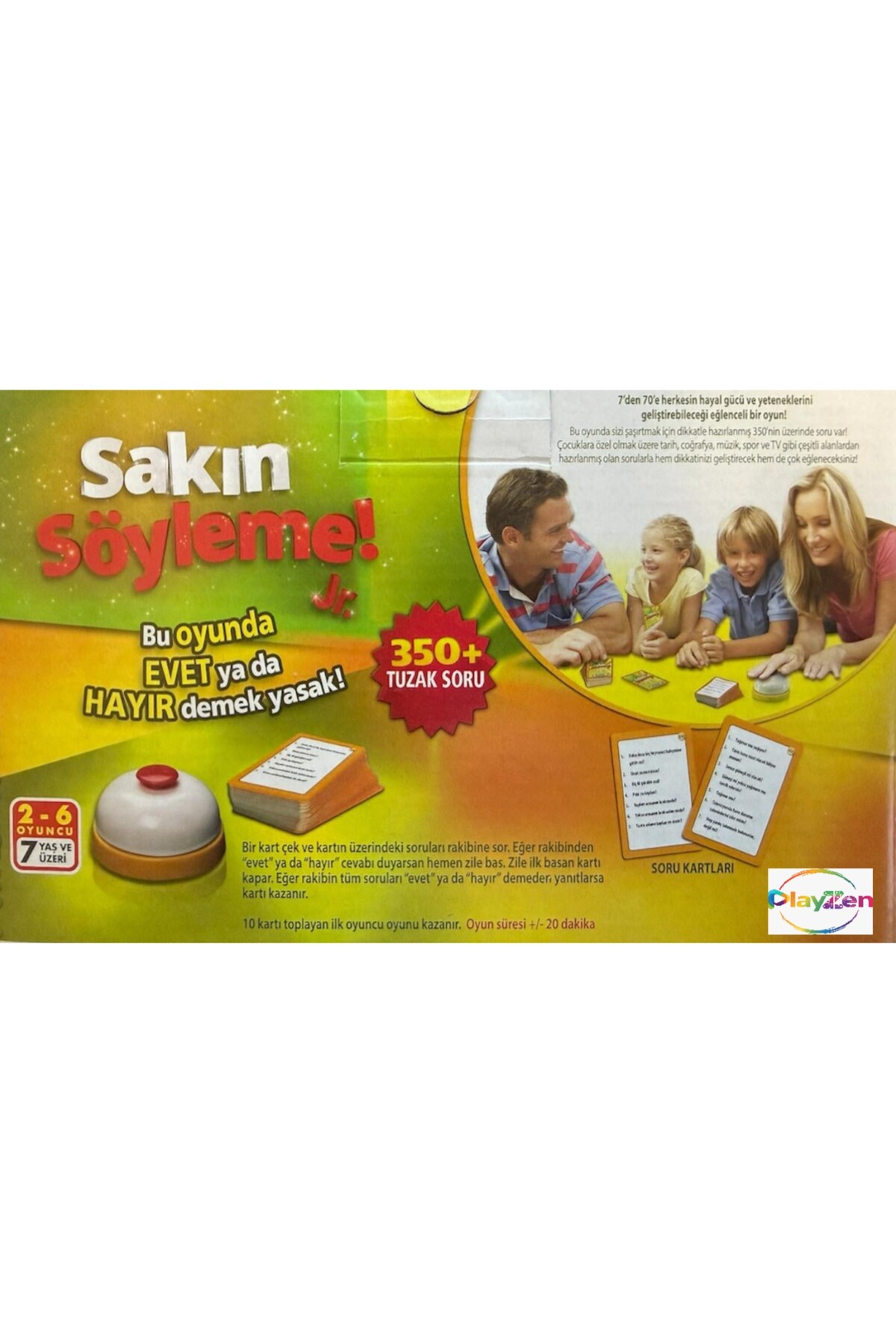 Metinli kutu oyunu, oynayan aile, kartlar ve zil. Yeşil ve sarı arka plan.